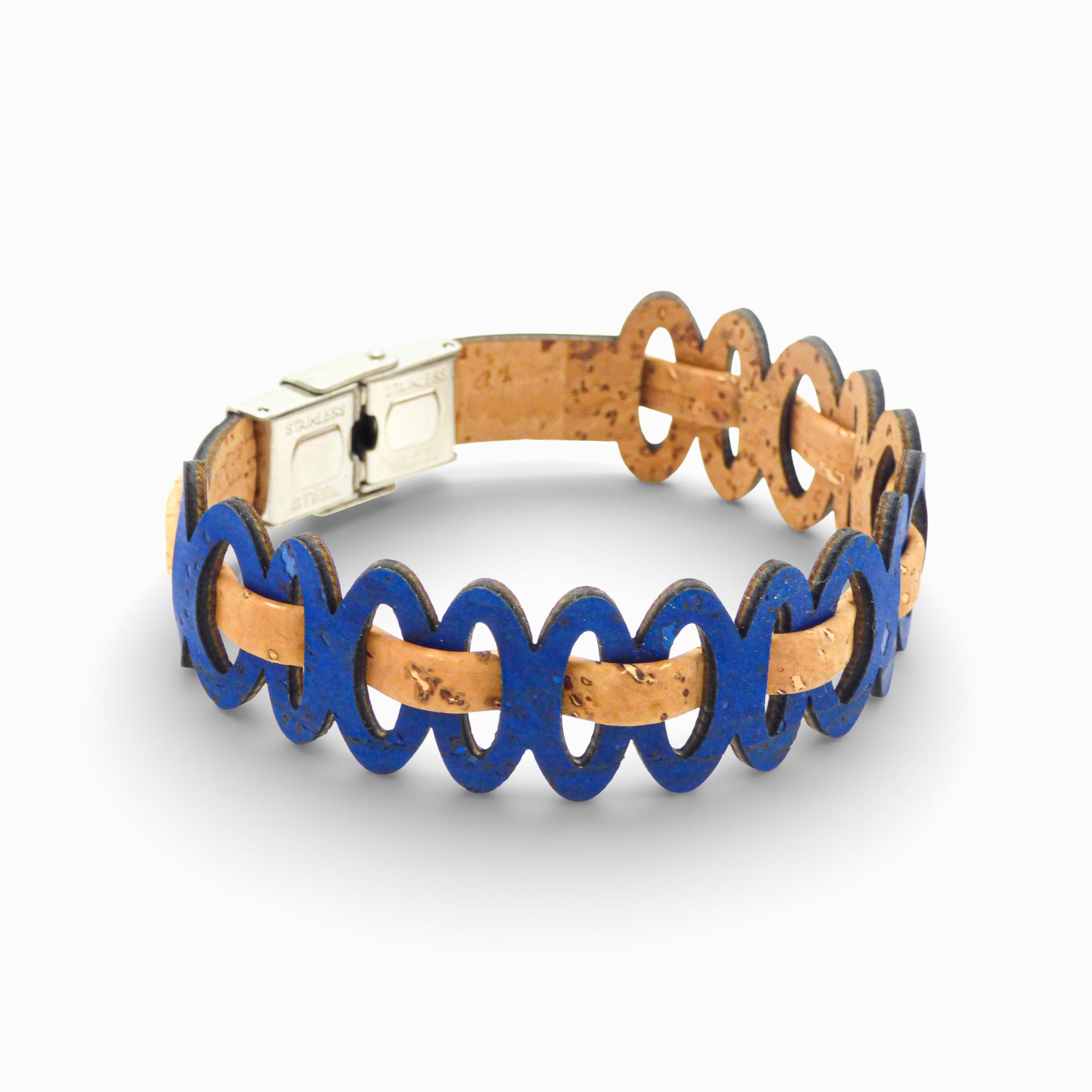 Adjustable Cork Colors women's bracelet featuring a double blue cord with graphic links.
