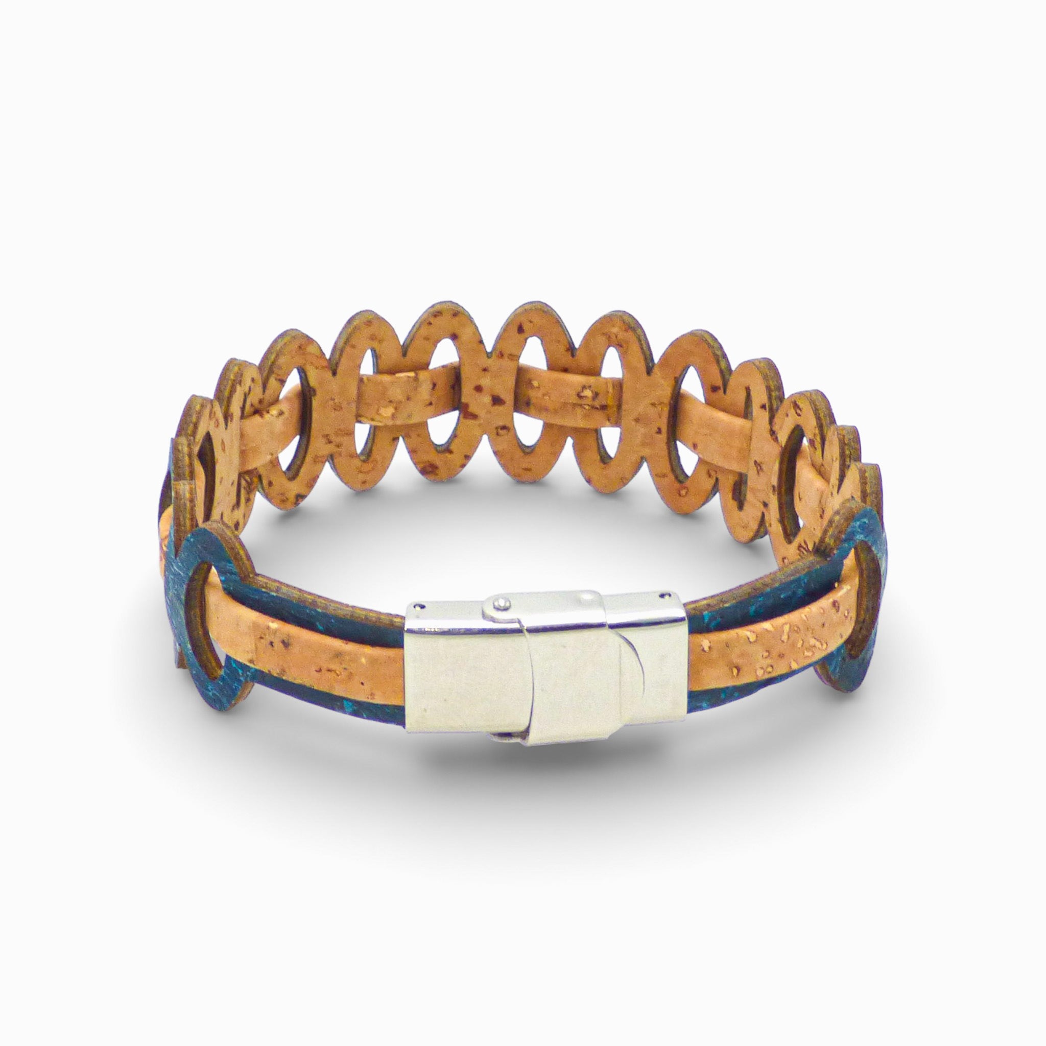 Adjustable Cork Colors bracelet featuring dark blue cord and graphic links, showcasing a natural cork design for women.