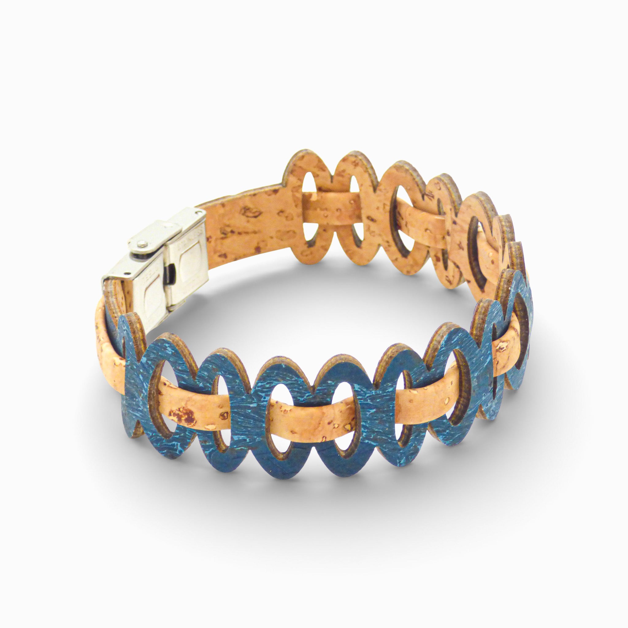 Adjustable Cork Colors women's graphic link bracelet in dark blue cord with natural cork accents.