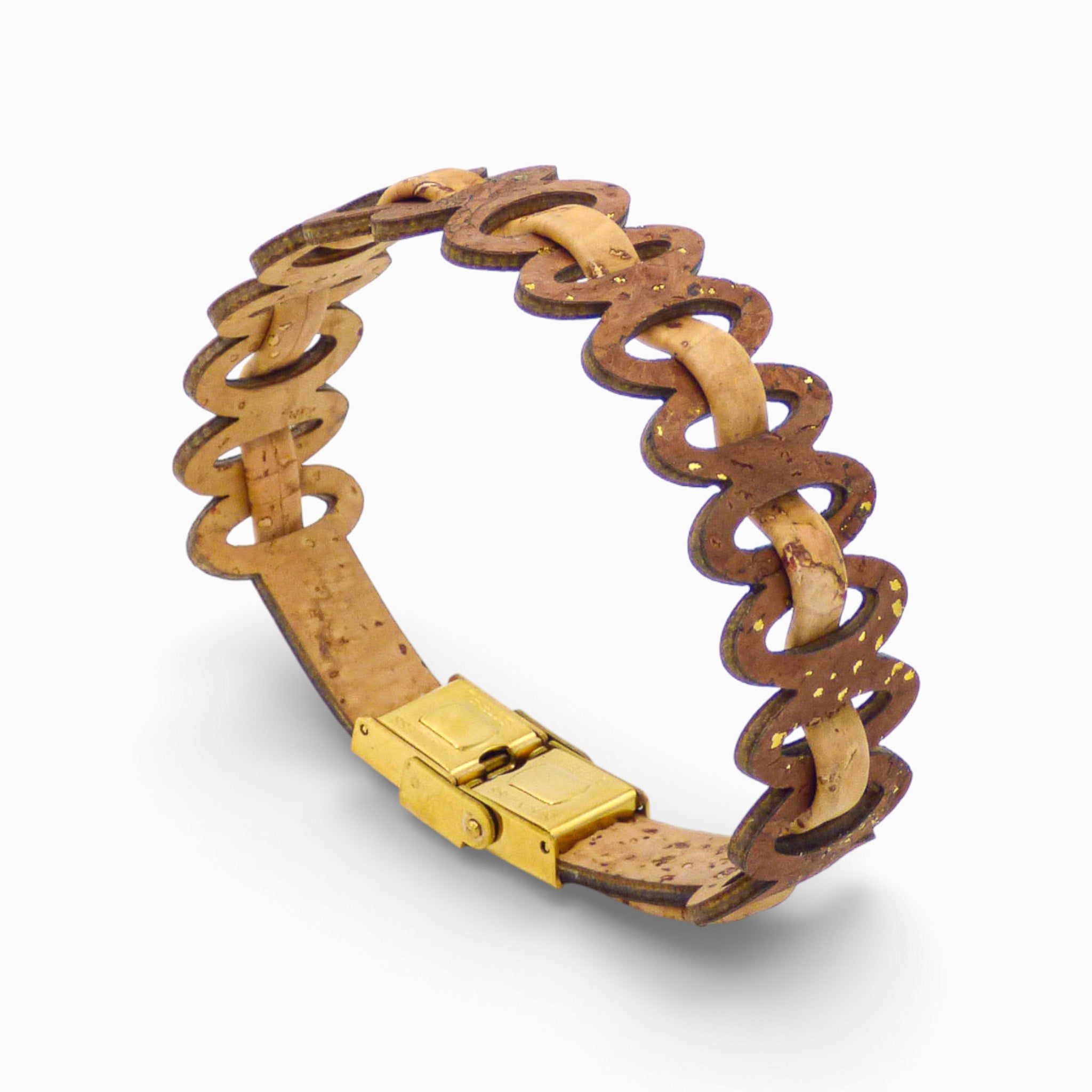 Adjustable Cork Colors bracelet featuring graphic links in brown and gold tones, showcasing a natural and elegant design.
