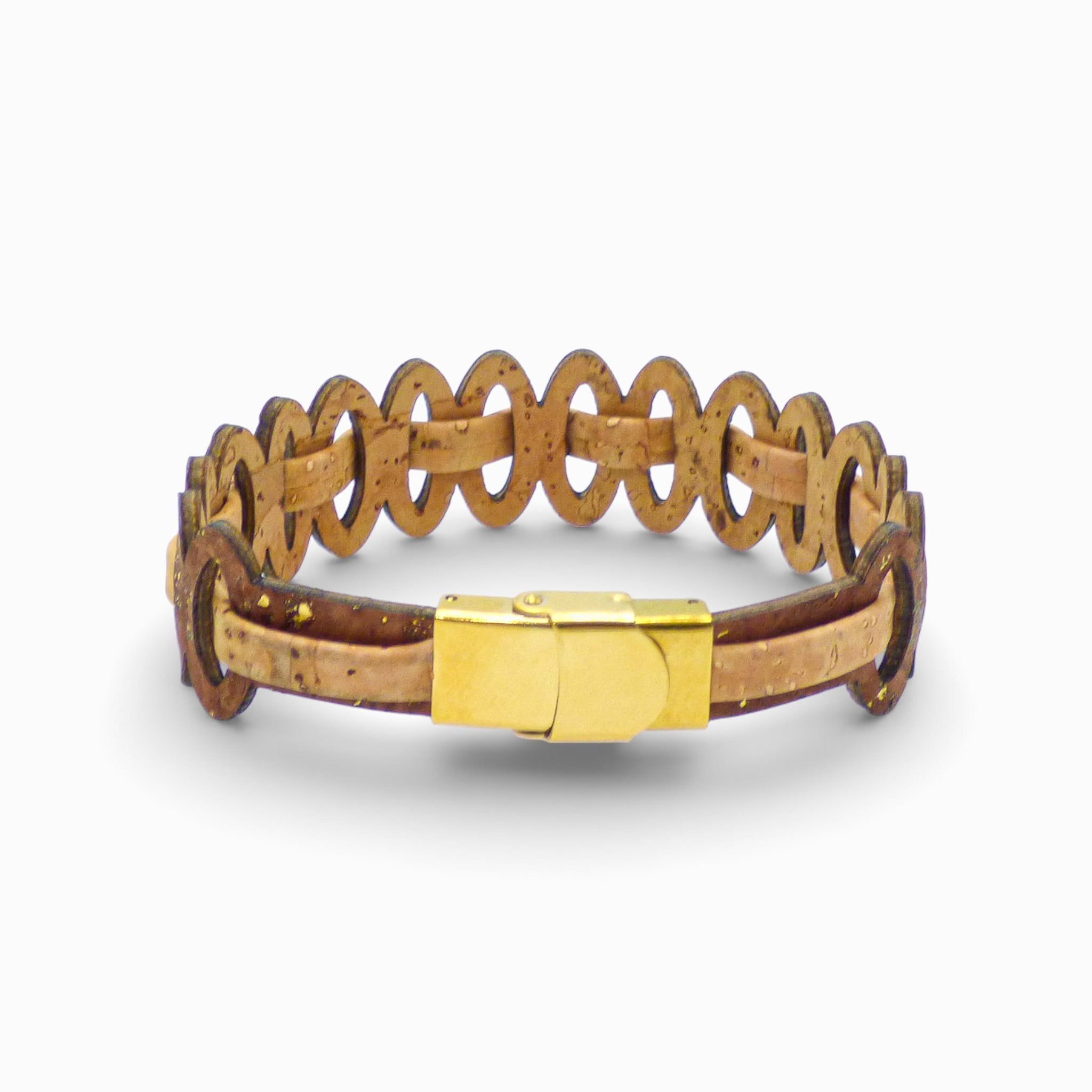 Adjustable women's bracelet in natural cork with graphic links and brown-gold cord by Cork Colors.