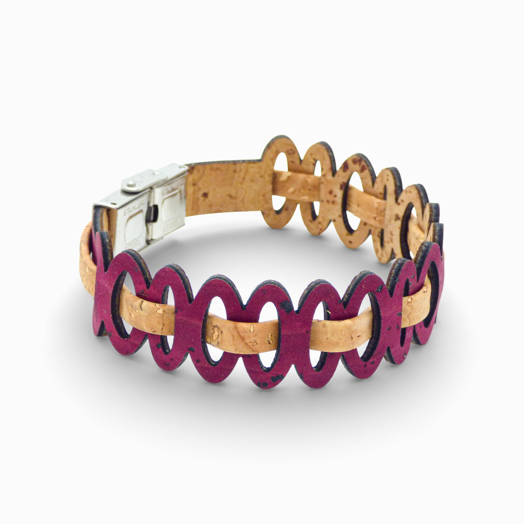 Adjustable Cork Colors women's bracelet featuring purple natural cord and graphic links.
