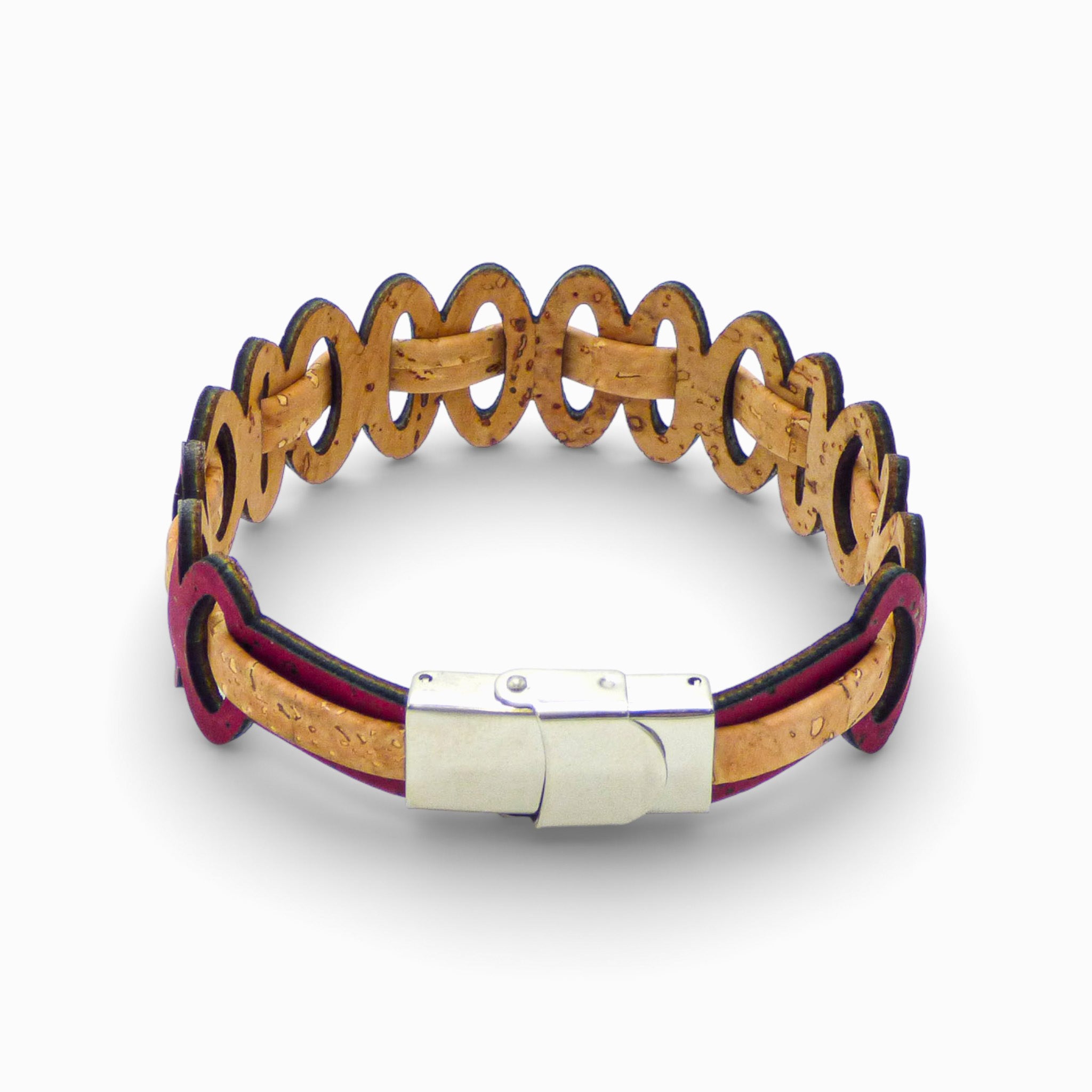 Adjustable women's cork bracelet in natural and mauve tones by Cork Colors, featuring graphic links and a double cord design.