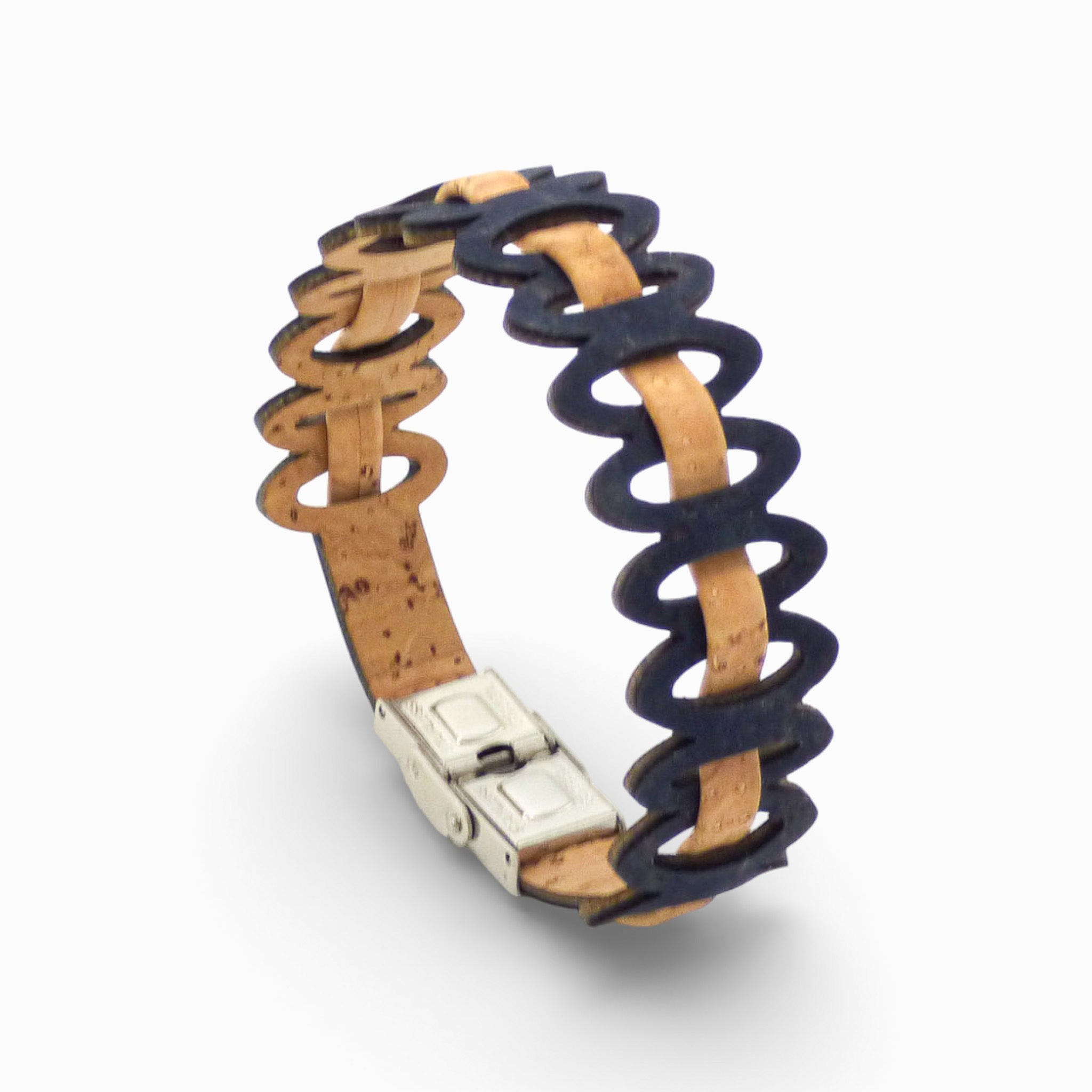 Adjustable women's Cork Colors bracelet with natural cork links and black cord.