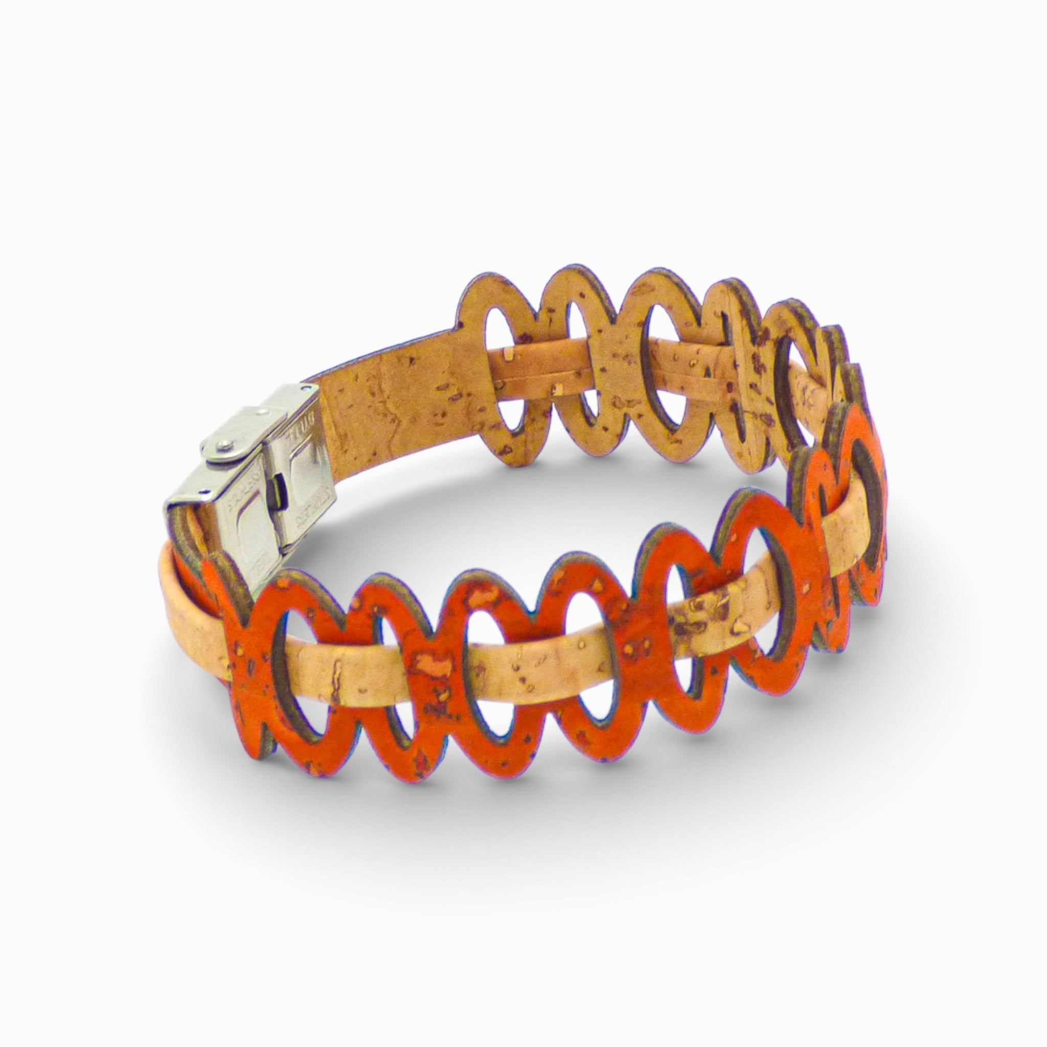 Adjustable women's bracelet with graphic links in natural cork and orange cord by Cork Colors.