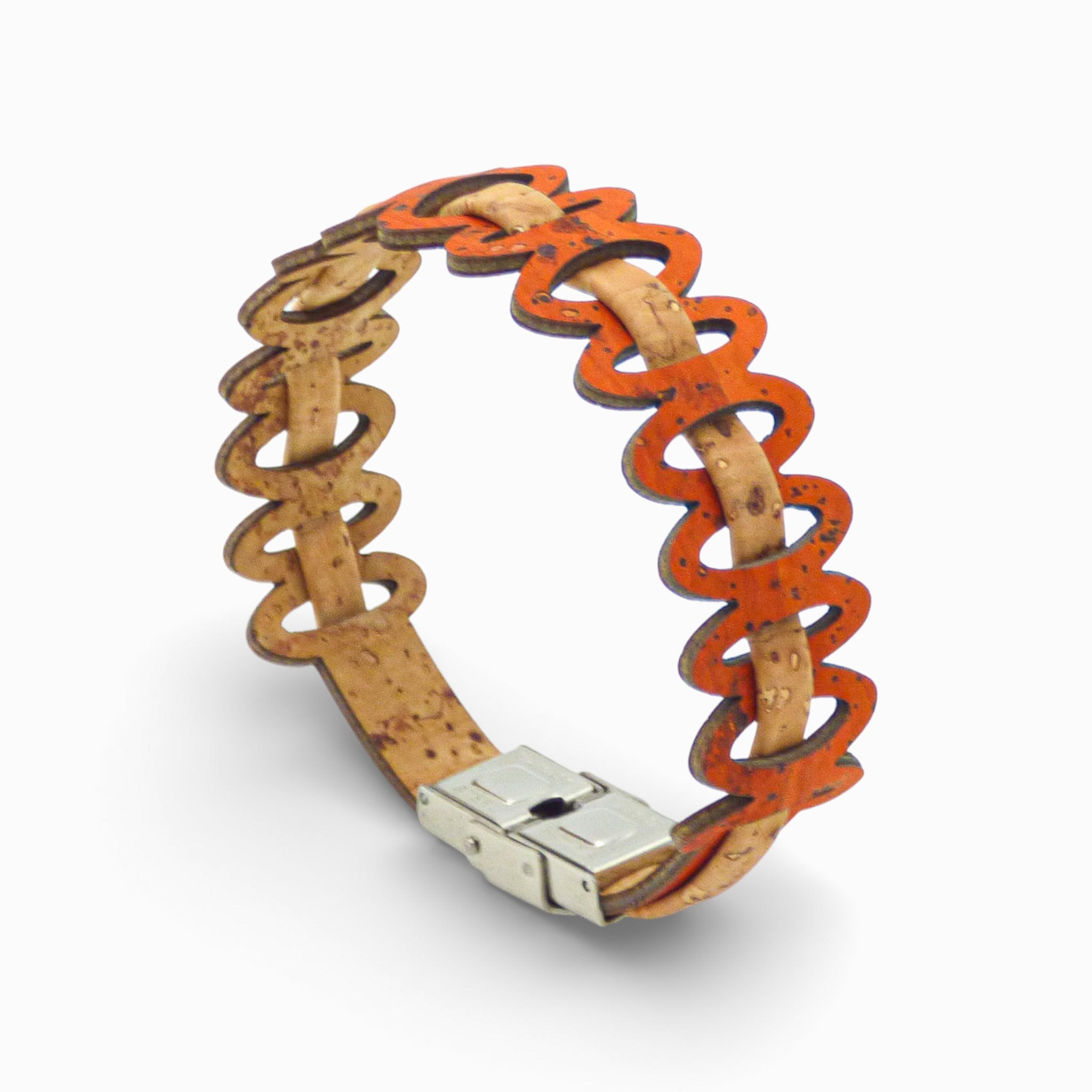 Adjustable Cork Colors bracelet featuring graphic links in natural orange tones, perfect for women's casual wear.