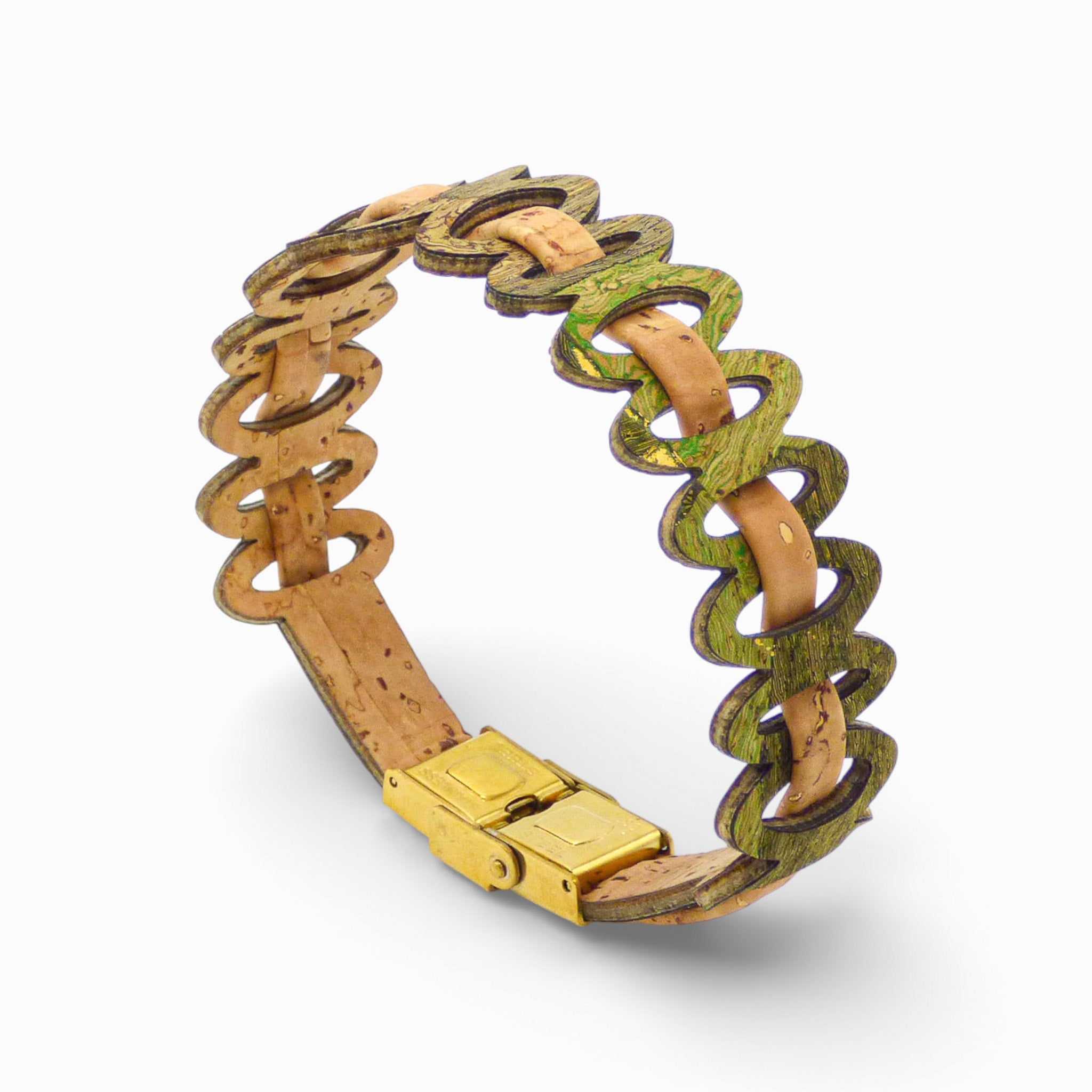 Adjustable Cork Colors women's bracelet featuring graphic links in green and natural tones.