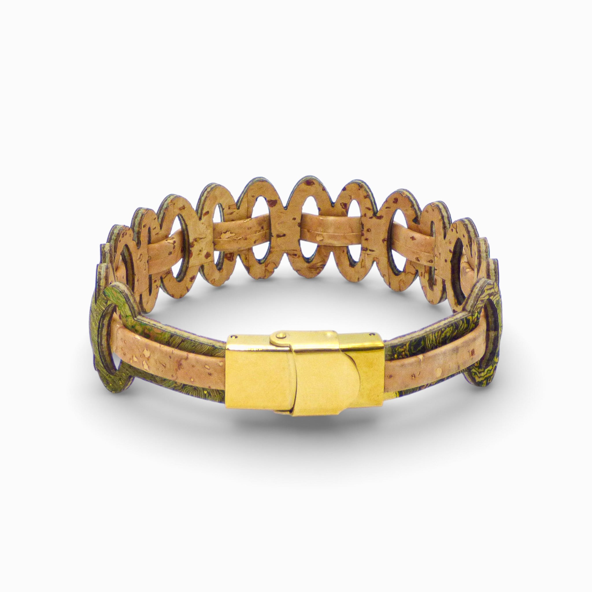 Adjustable Cork Colors women's graphic link bracelet in green and gold with natural cork design.