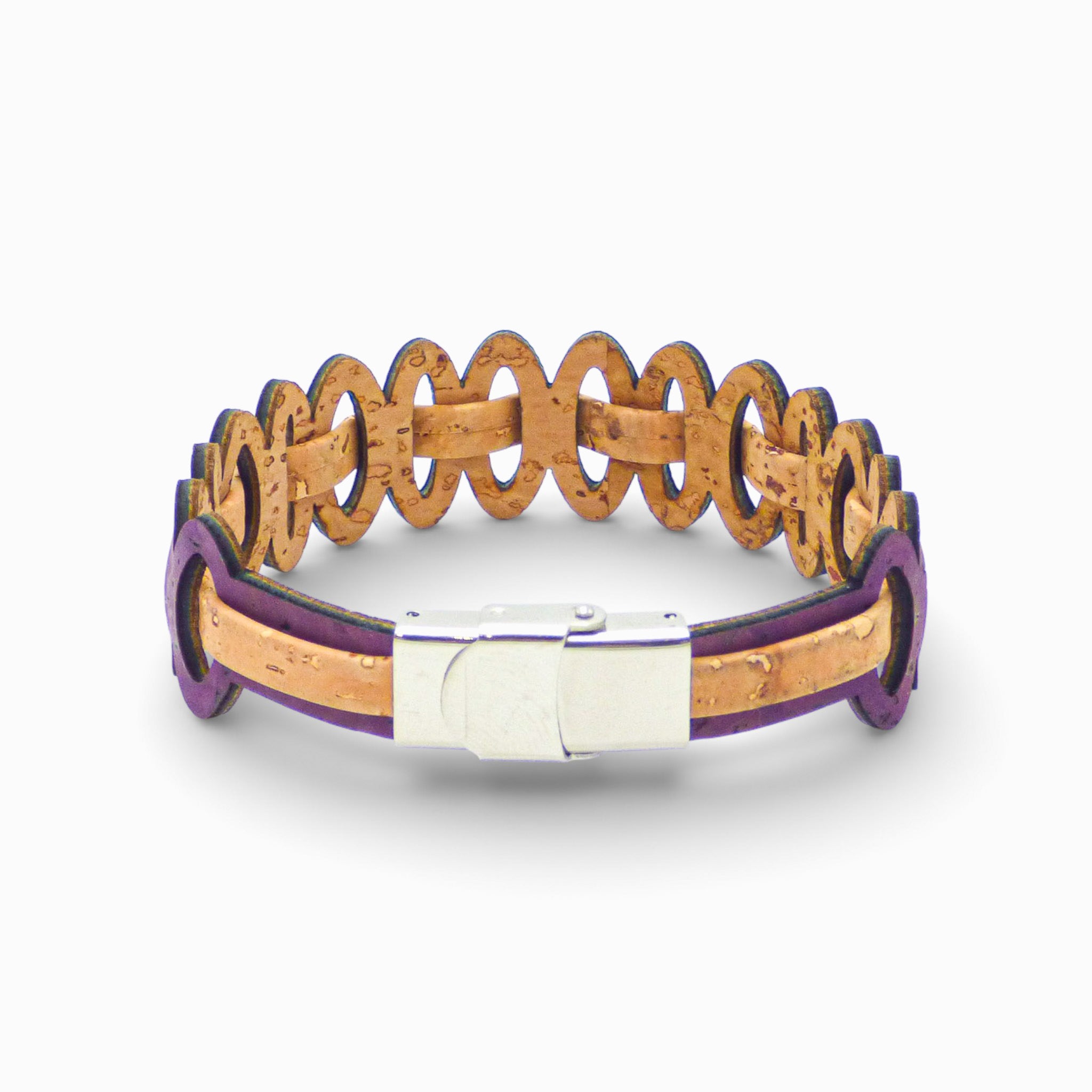 Adjustable women's bracelet featuring graphic links in natural cork by Cork Colors, with a double violet cord.