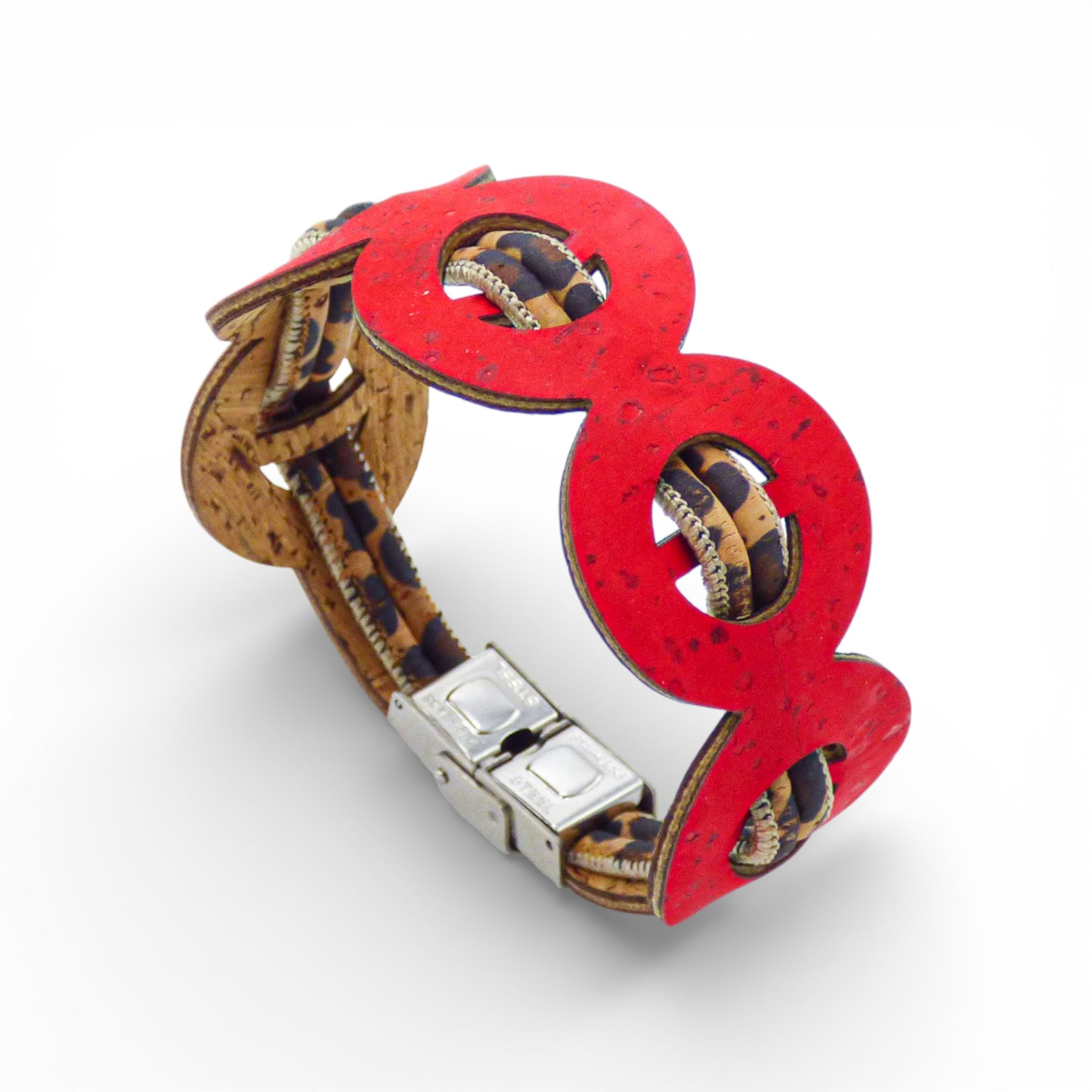 Cork Colors women's bracelet featuring graphic circles in a vibrant leopard red design.