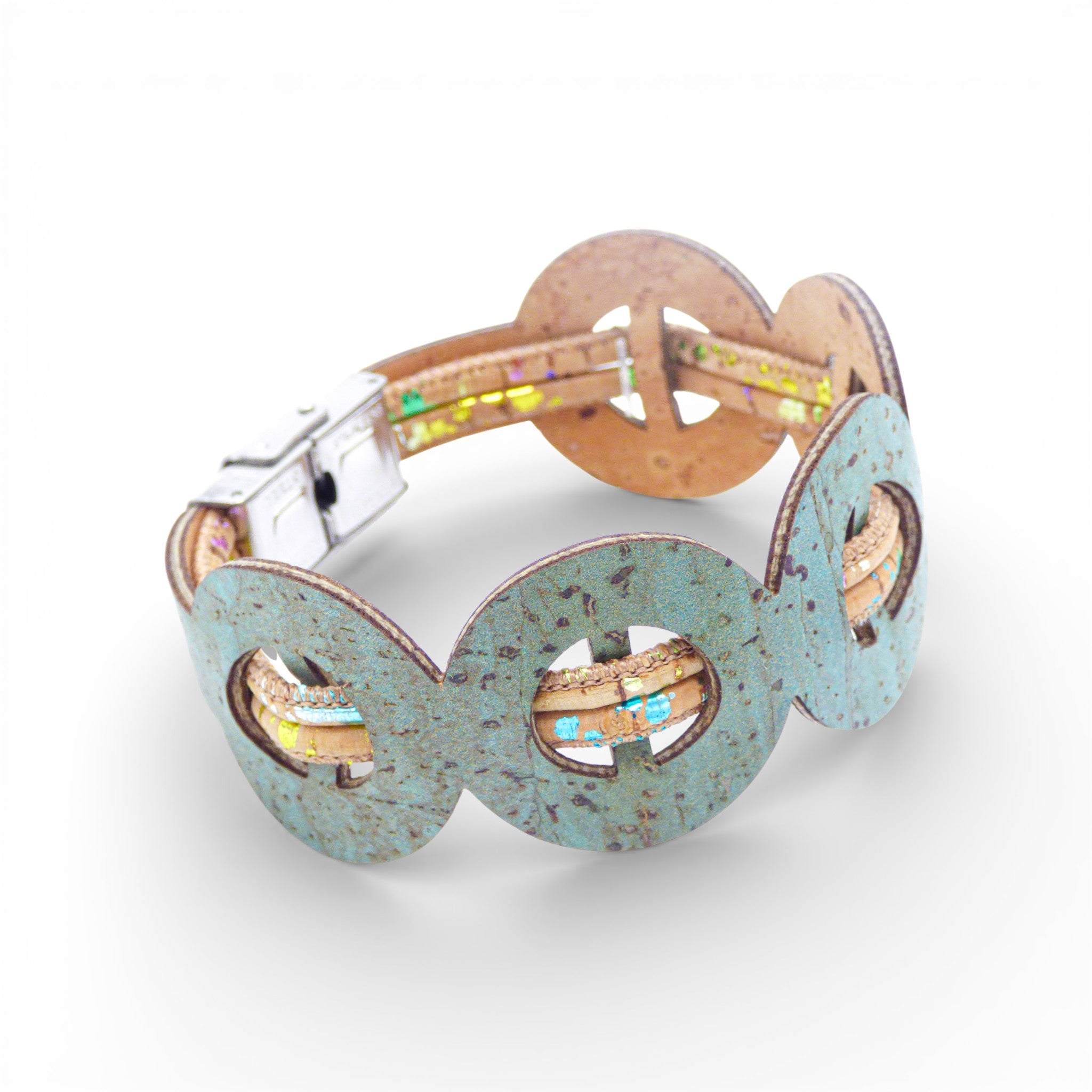 Bracelet anneaux en liège turquoise à insert irisé — Cork Colors, fermoir métal, Portugal