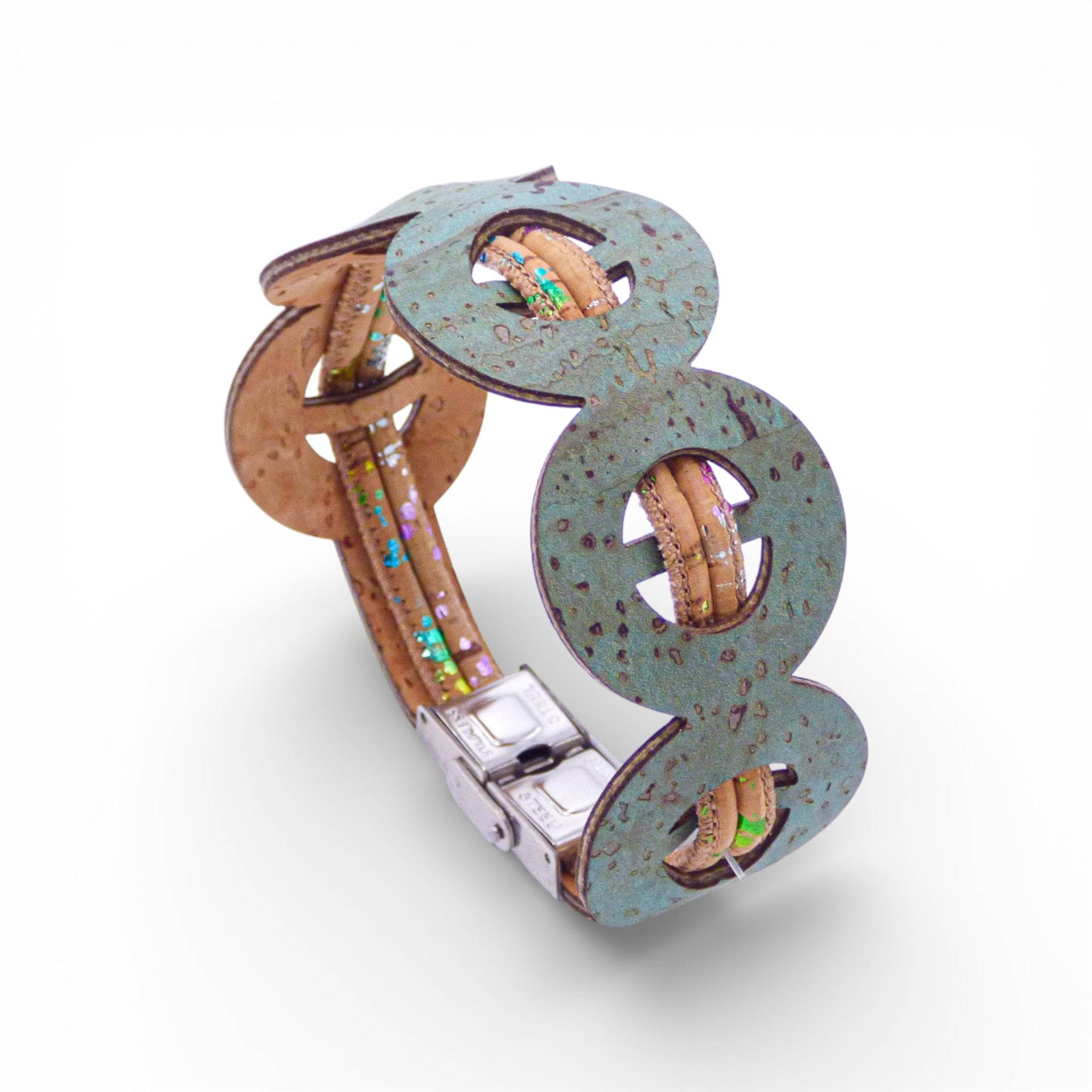 Bracelet anneaux en liège turquoise à insert irisé — Cork Colors, fermoir métal, Portugal