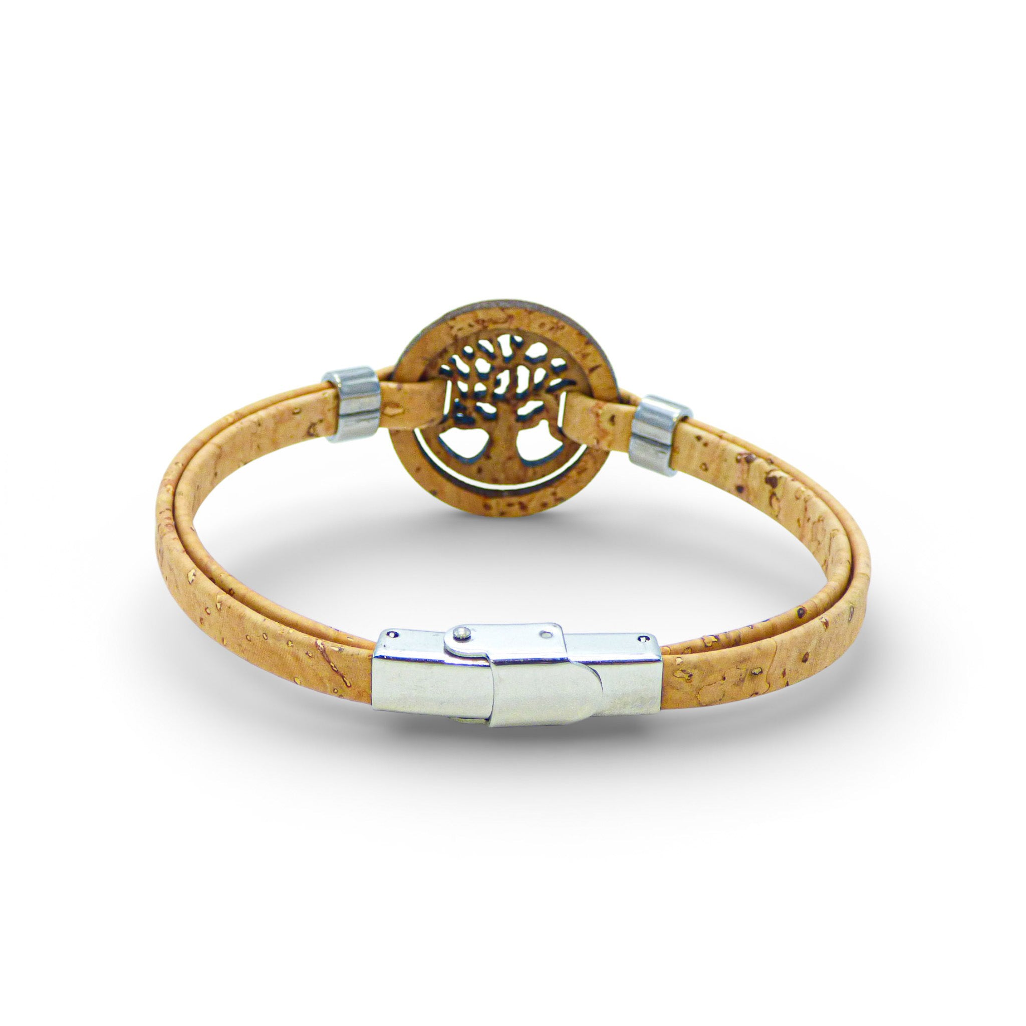 Cork Colors women's bracelet featuring a Tree of Life medallion on a blue cork design.