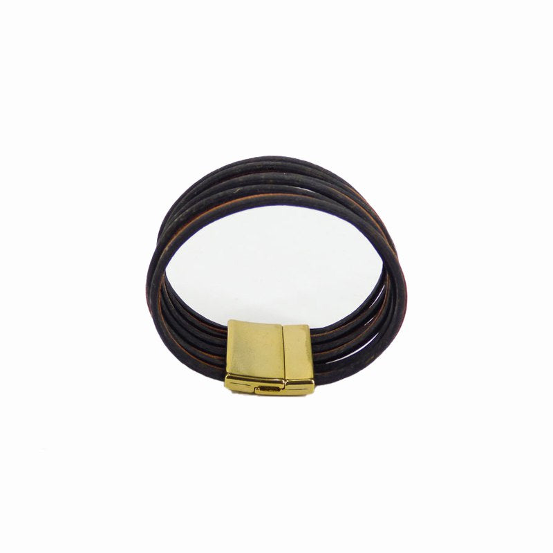 Bracelet multi-rangs en liège et cuir noir et cognac — Artipel, fermoir doré, Portugal