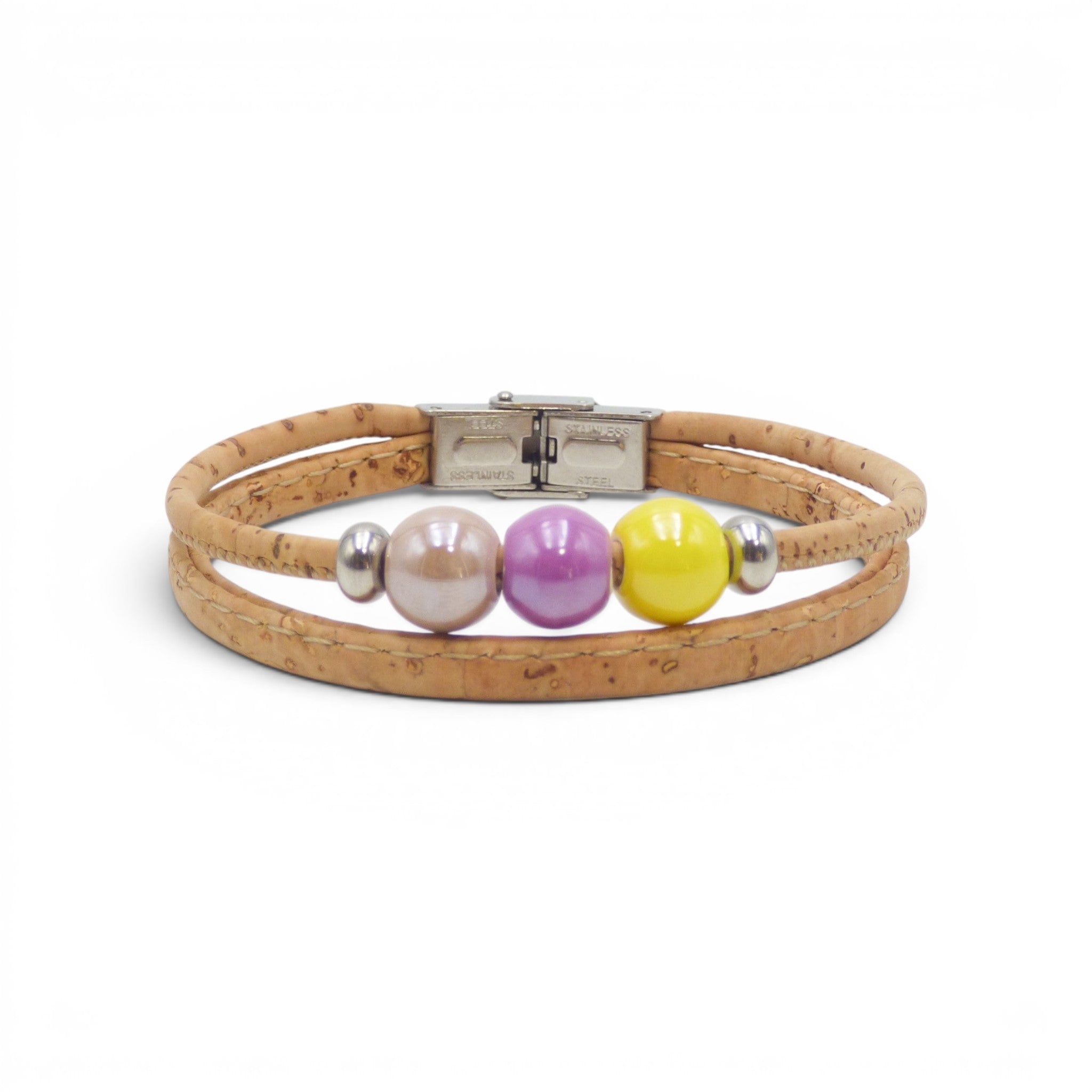 Bracelet femme camaïeu chaud, perles céramique liège artisanat Portugal vegan