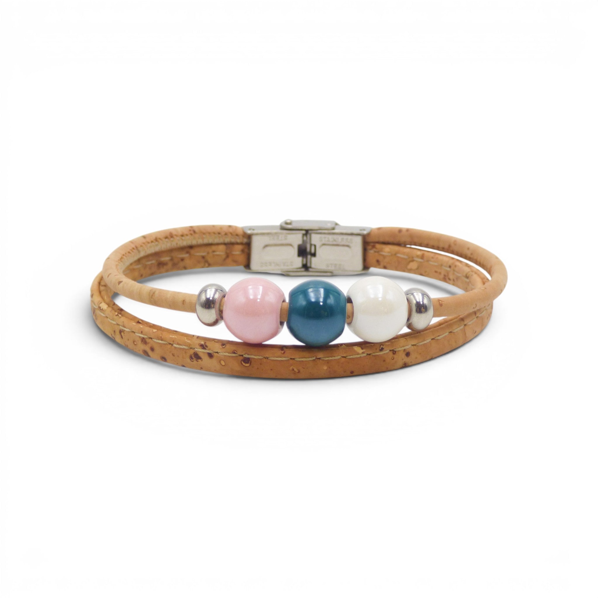 Bracelet triple perles en liège naturel et céramique, bijou artisanal fait main au Portugal