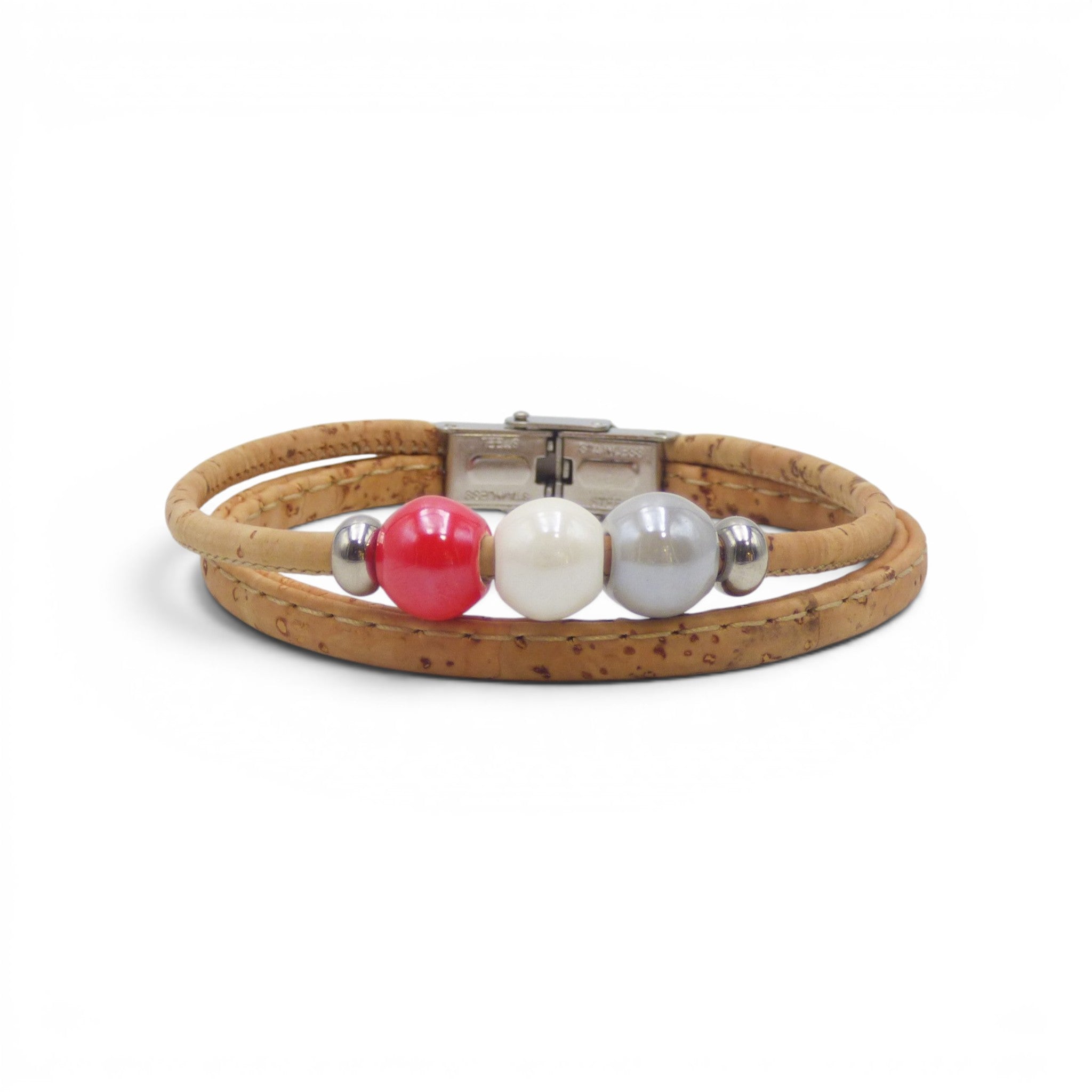 Accessoire rouge et gris, bracelet liège fermoir acier inoxydable Portugal