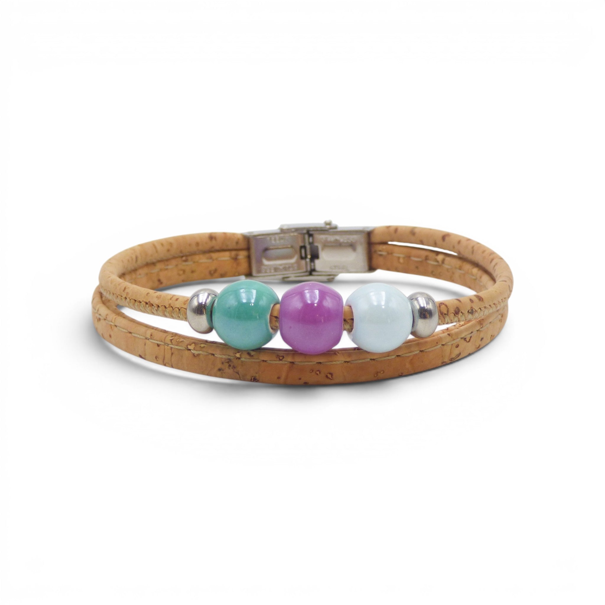 Accessoire turquoise et blanc, bijou liège tressé fermoir acier fait main