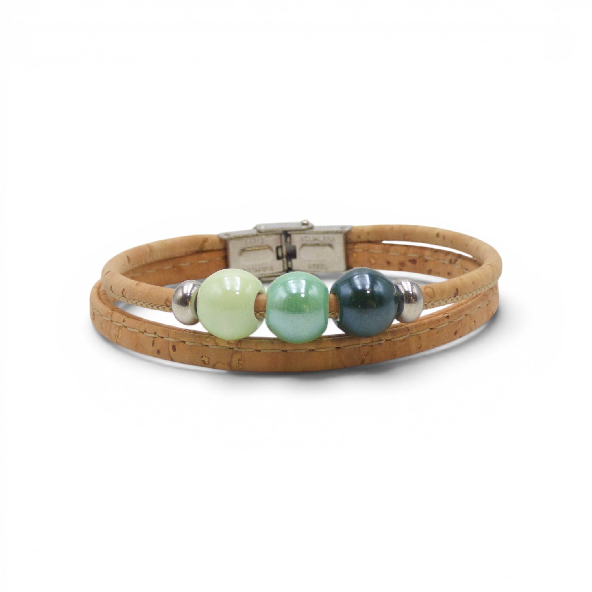 Bijou vert et gris, bracelet liège perles lisses accessoire léger fait main