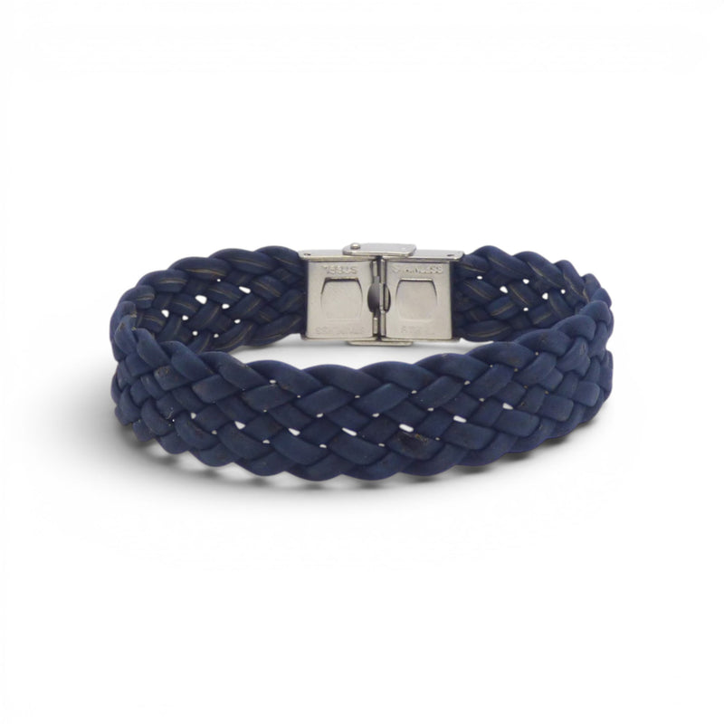 Bracelet tressé en liège bleu nuit avec fermoir métal, bijou artisanal Portugal