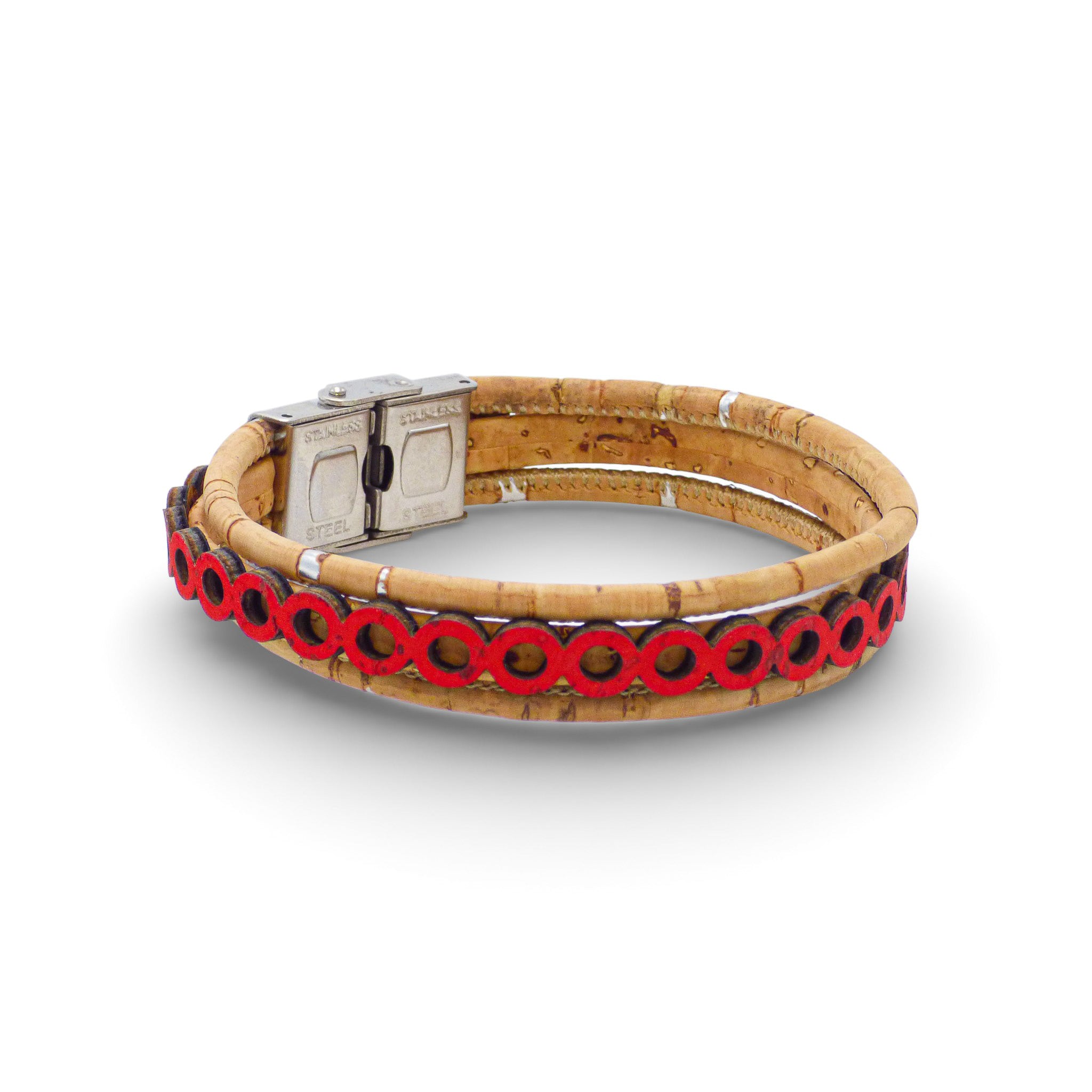 Double cord bracelet with graphic dotted pattern in cork, featuring red circles and stainless steel accents by Cork Colors.