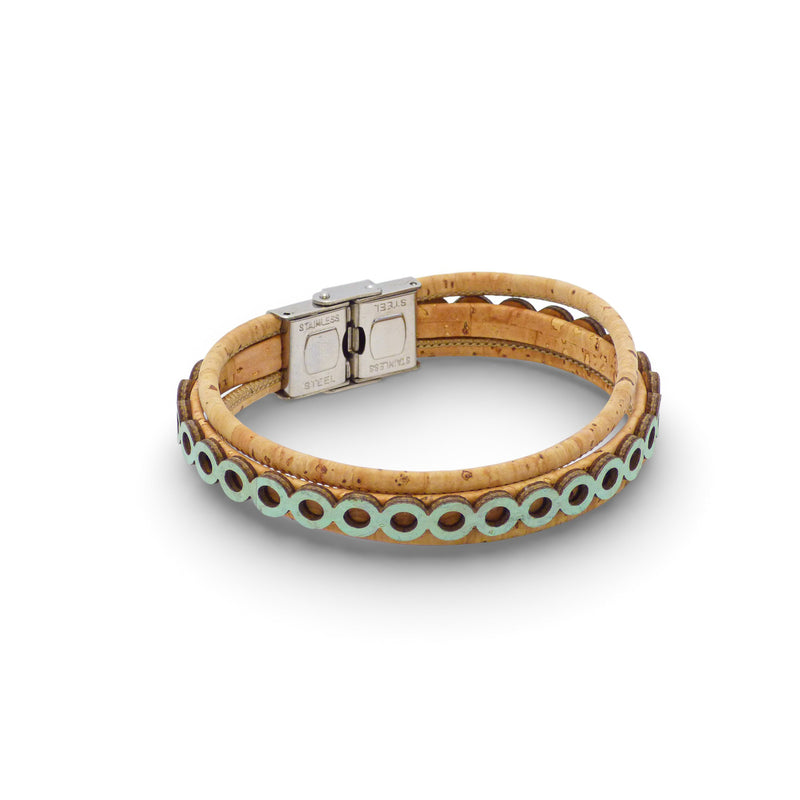 Bracelet double cordon en liège à cercles vert menthe — Cork Colors, fermoir acier, Portugal