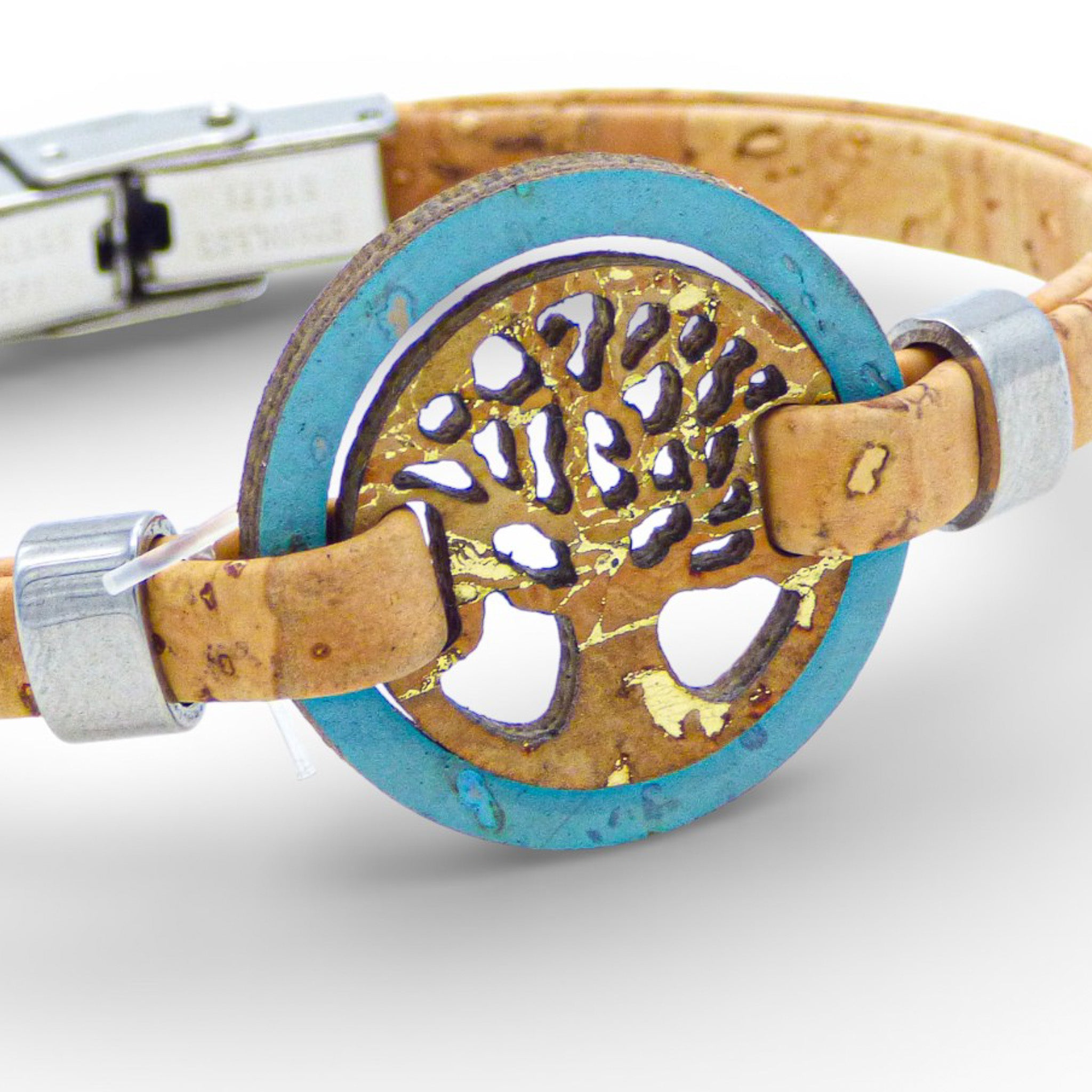 Turquoise and gold Tree of Life medallion bracelet made from cork by Cork Colors for women.