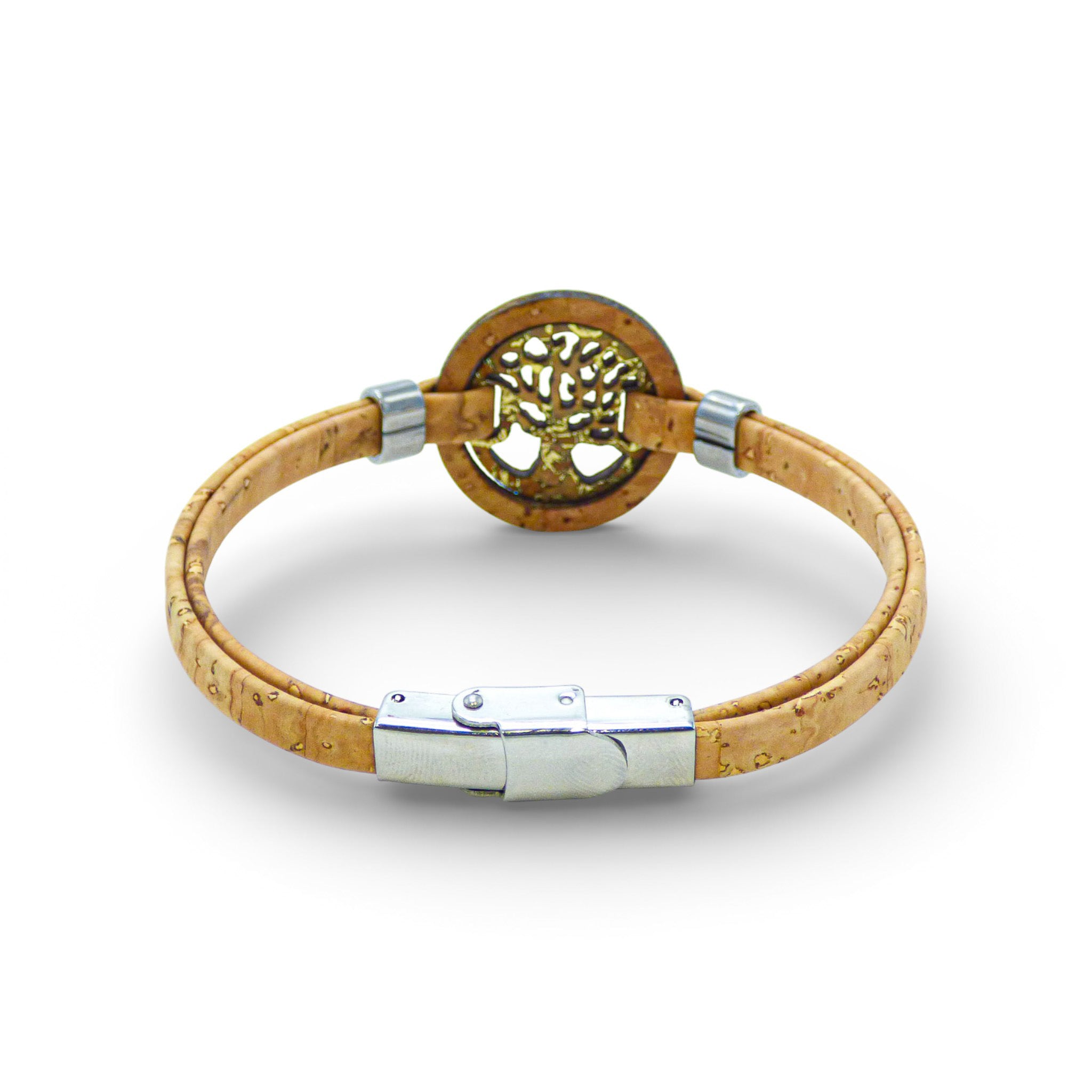 Green and gold women's cork bracelet featuring a Tree of Life medallion by Cork Colors.