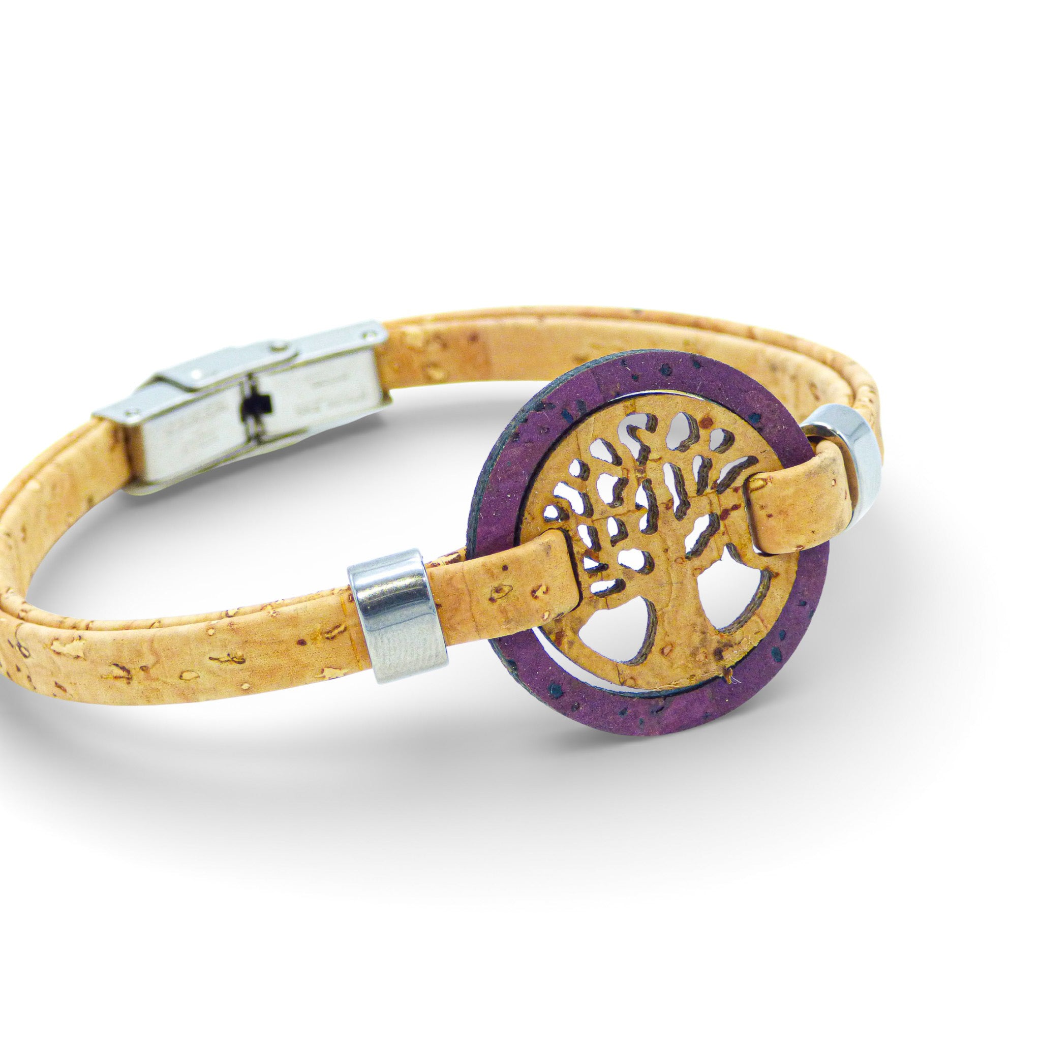 Violet cork bracelet featuring a Tree of Life medallion by Cork Colors, showcasing a natural and eco-friendly design.