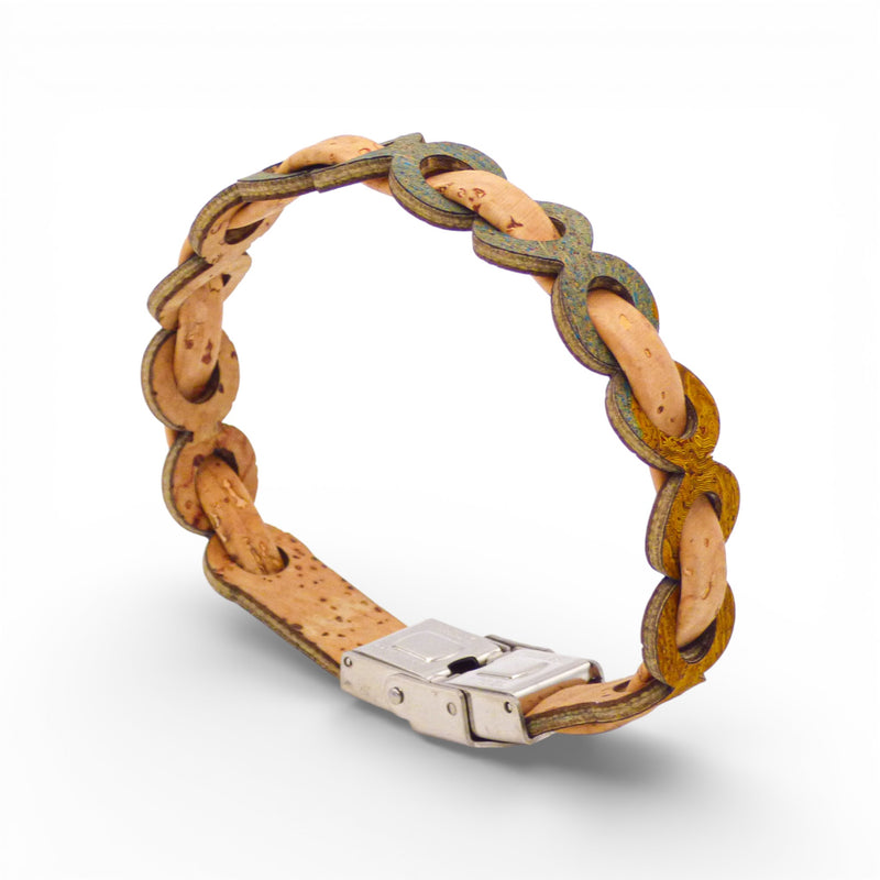 Bracelet tressé en liège naturel teinté turquoise — Cork Colors, maillons ovales, fermoir acier, Portugal