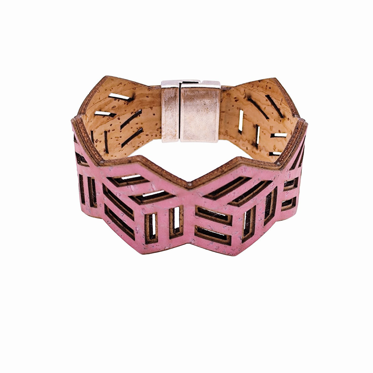 Manchette en liège rose motif hexagone, fermoir aimanté métal blanchi, Artipel, Portugal