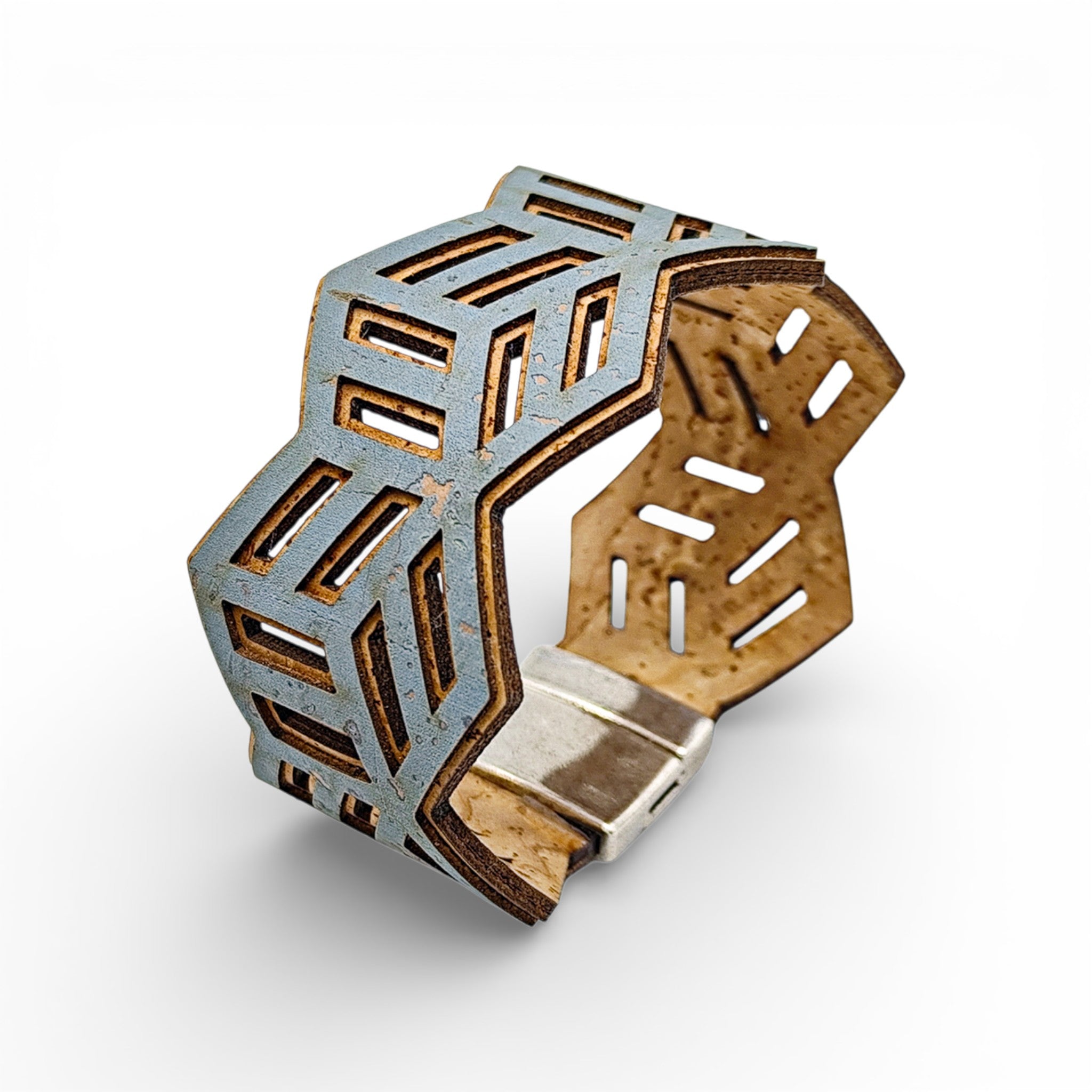Bracelet vegan et éco-responsable en liège naturel du Portugal : Bracelet Manchette Hexagone Turquoise - Artipel - Home & Liège