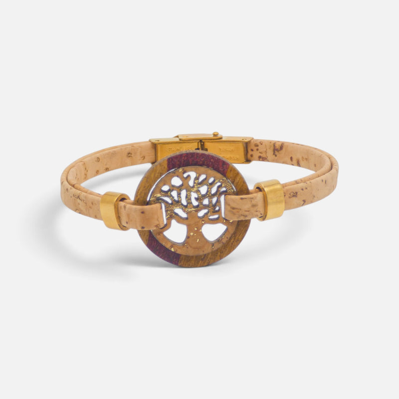 Bracelet en liège à médaillon cerclé violet, arbre de vie argenté ajouré