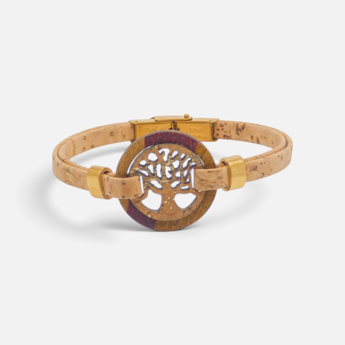 Bracelet en liège à médaillon cerclé violet, arbre de vie argenté ajouré