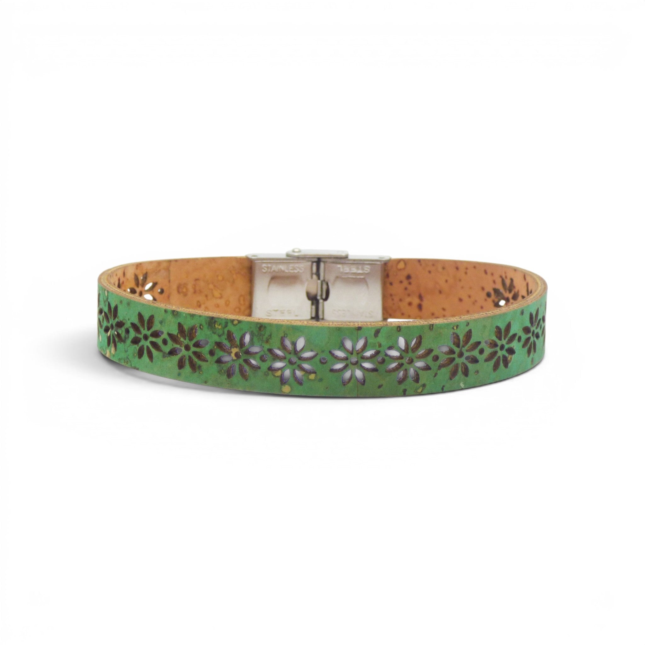 Bracelet Fleur vert saturé en liège - cadeau femme original eco-responsable