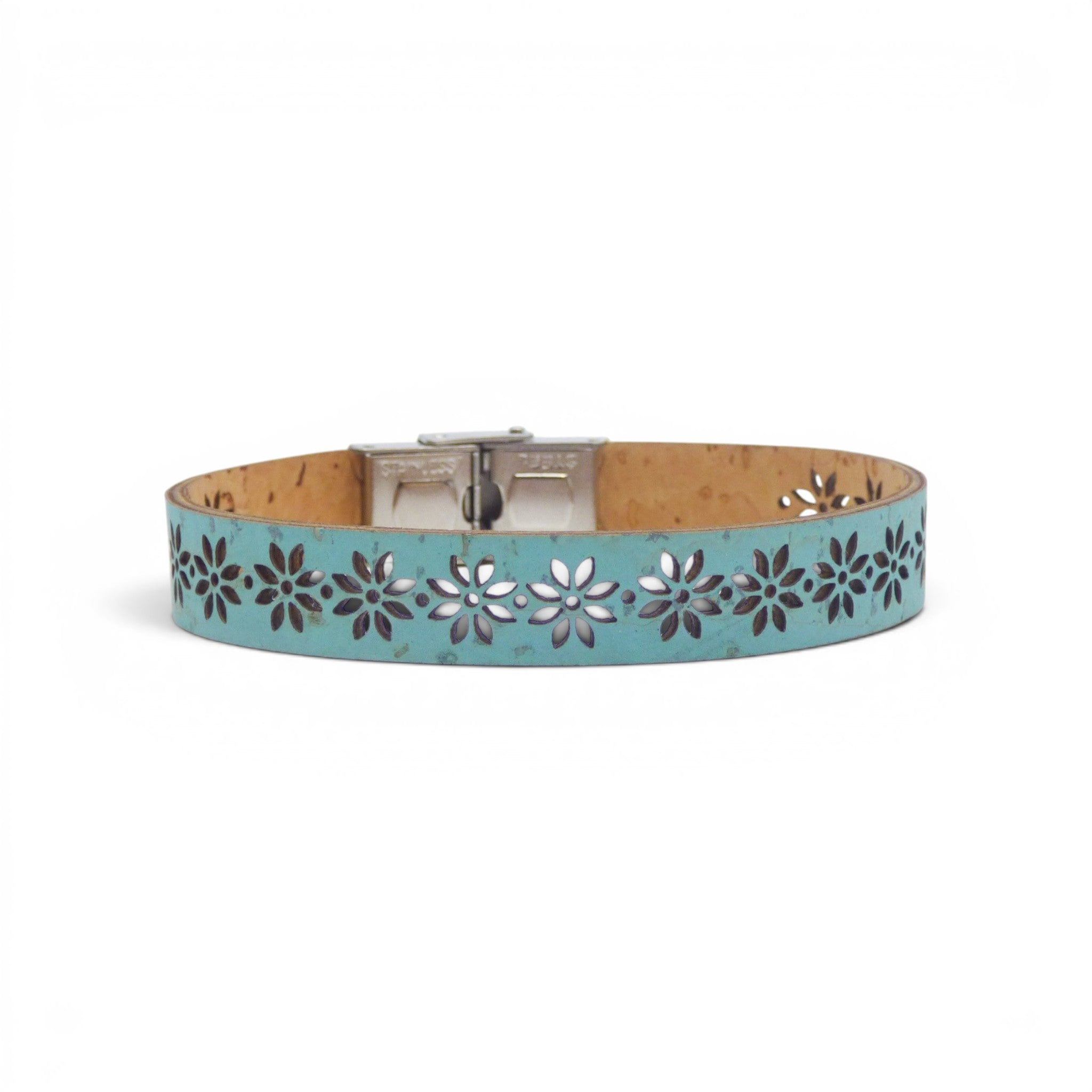 Bracelet Fleur vert d'eau - liège naturel perforé, design ajustable artisanal