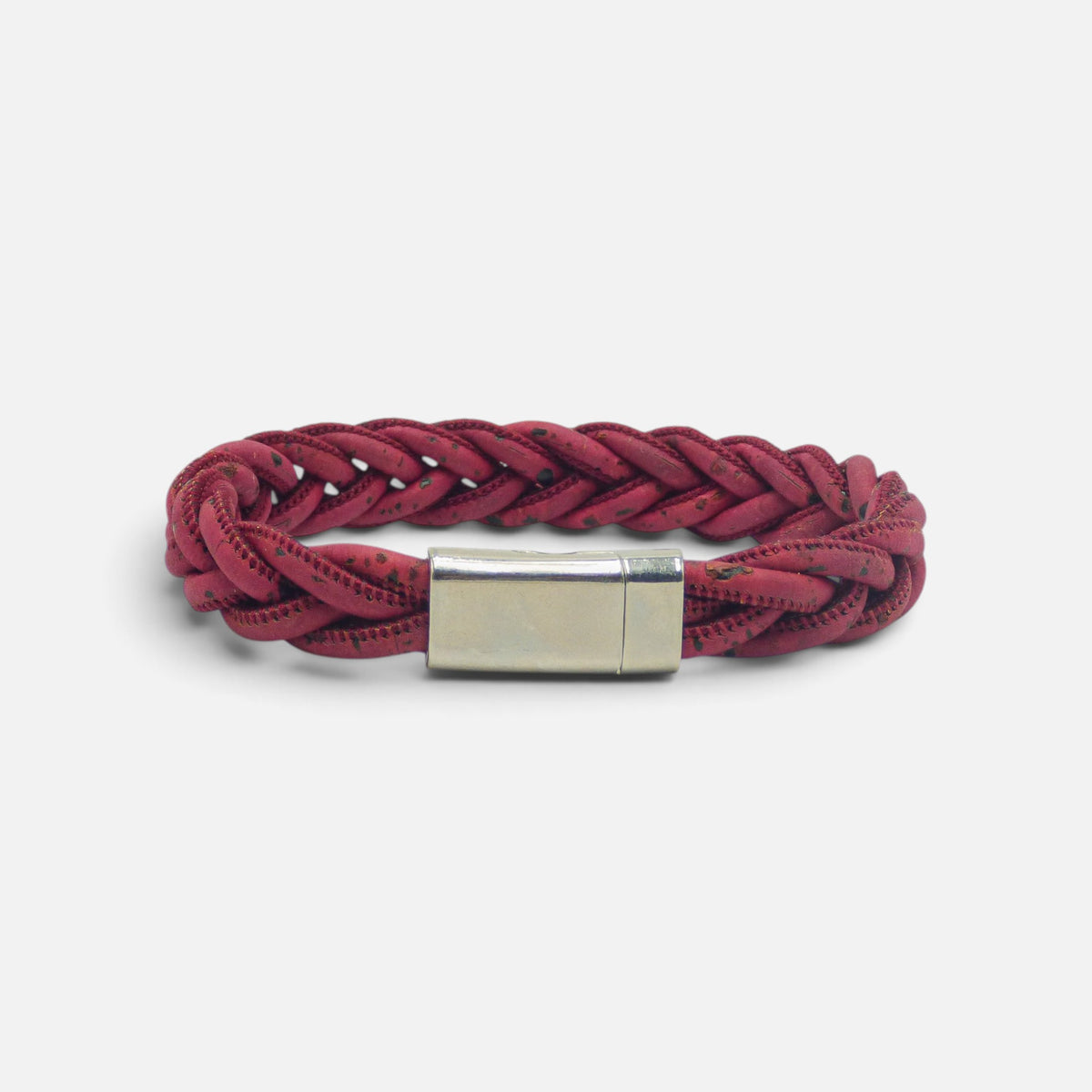 Bracelet tressé en liège framboise, fermoir acier et tresse à quatre brins