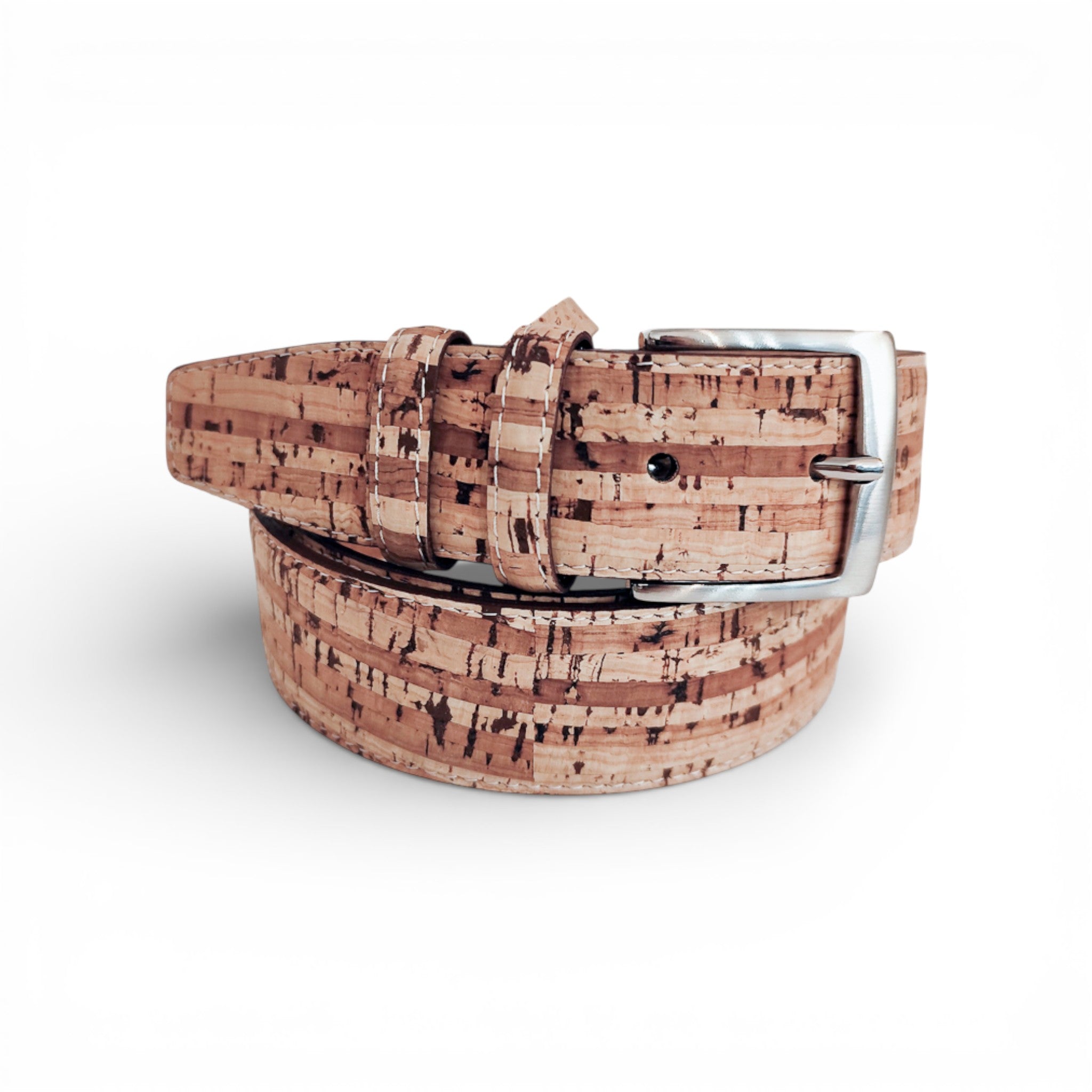 Ceinture en liège naturel à fines rayures striées — TC Cortiça, boucle métal, doublure cuir, Portugal