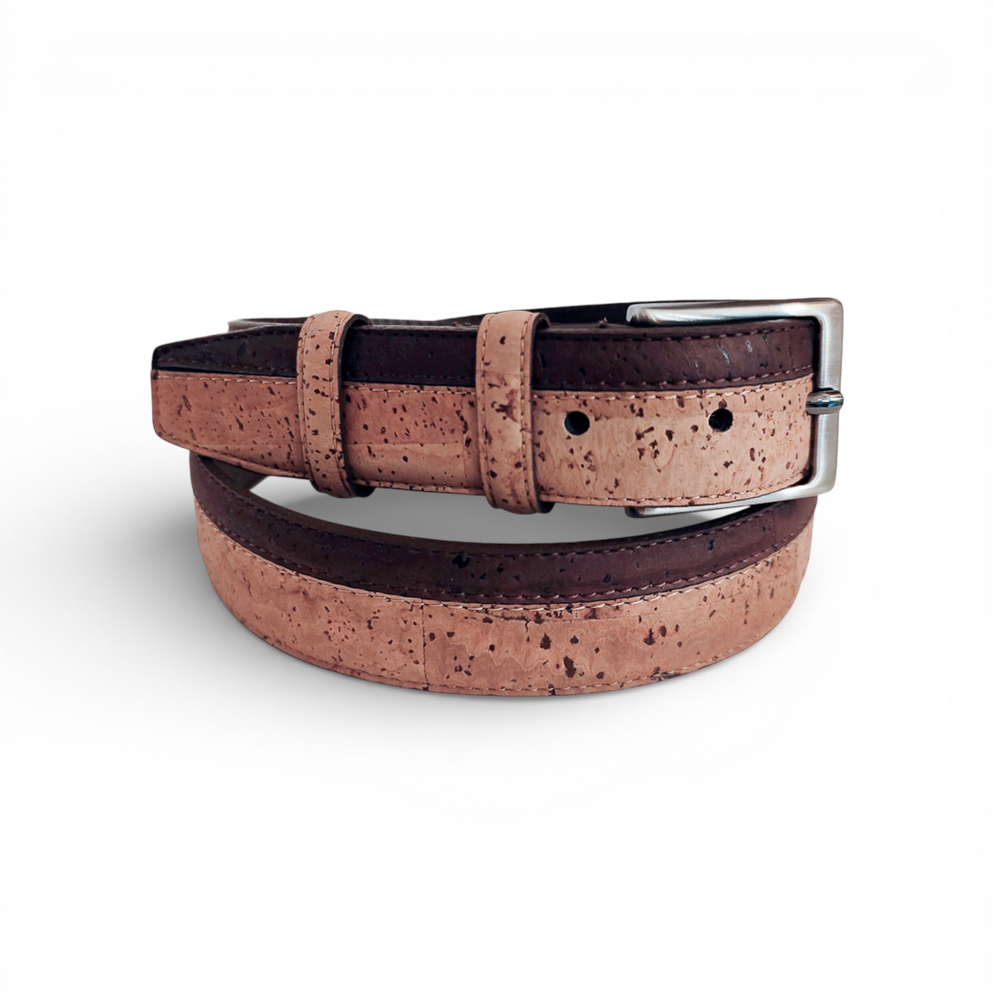 Ceinture en liège bicolore brun et rosé enroulée — TC Cortiça, boucle métal, 32mm, Portugal