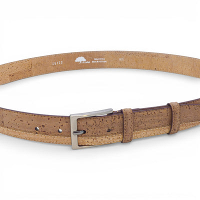 Ceinture en liège naturel doublée 32mm, dos estampillé — TC Cortiça, boucle métal, Portugal