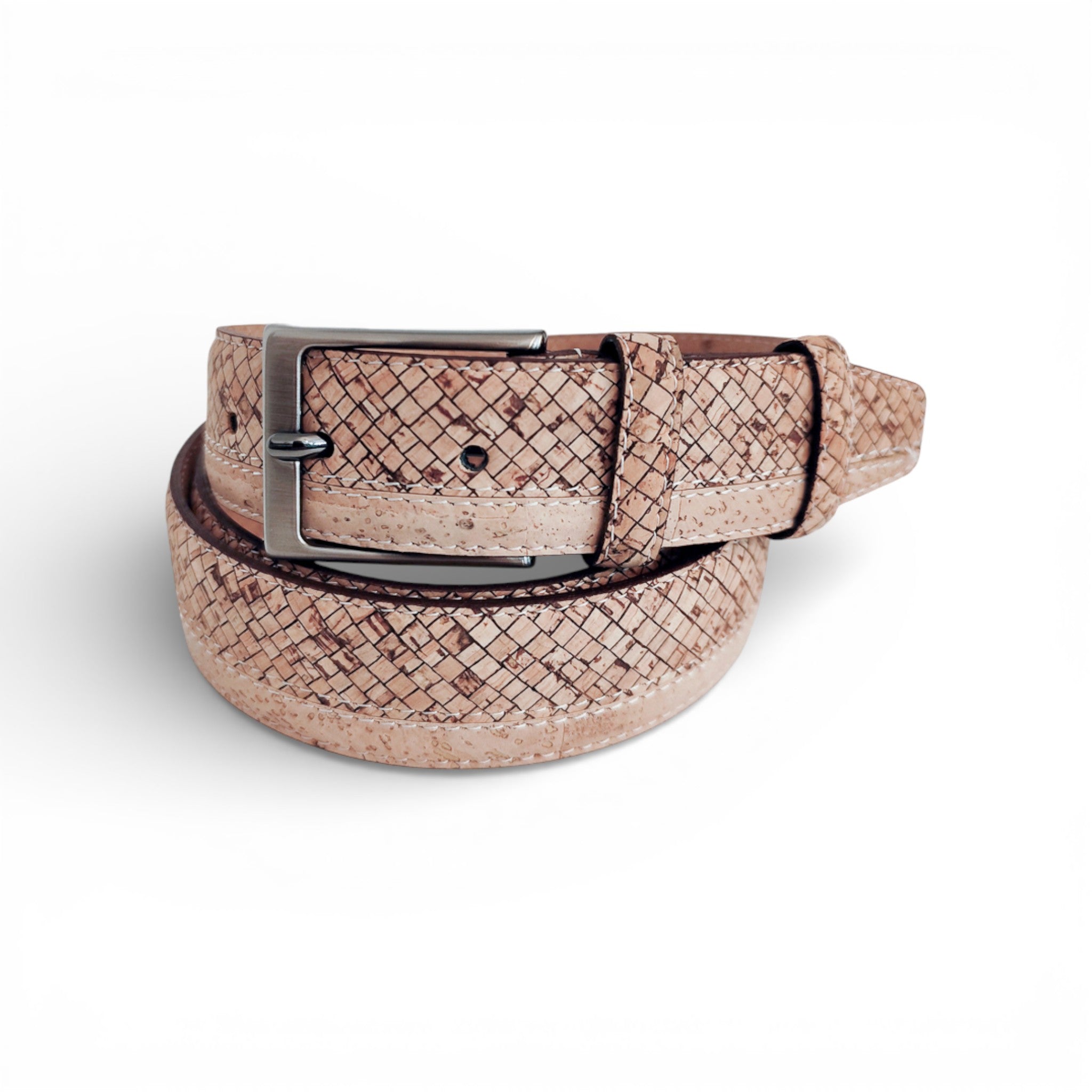 Ceinture en liège naturel à motif tressé enroulée — TC Cortiça, boucle gunmetal, Portugal