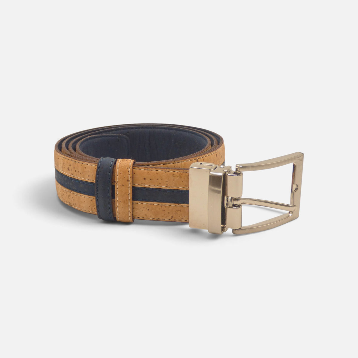 Ceinture en liège sable et bleu, passant et boucle ardillon assortis