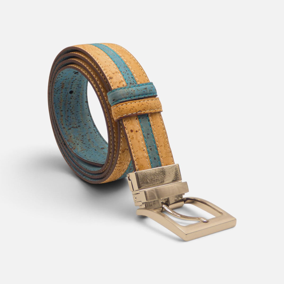 Ceinture réversible en liège naturel à liseré turquoise, envers bleu