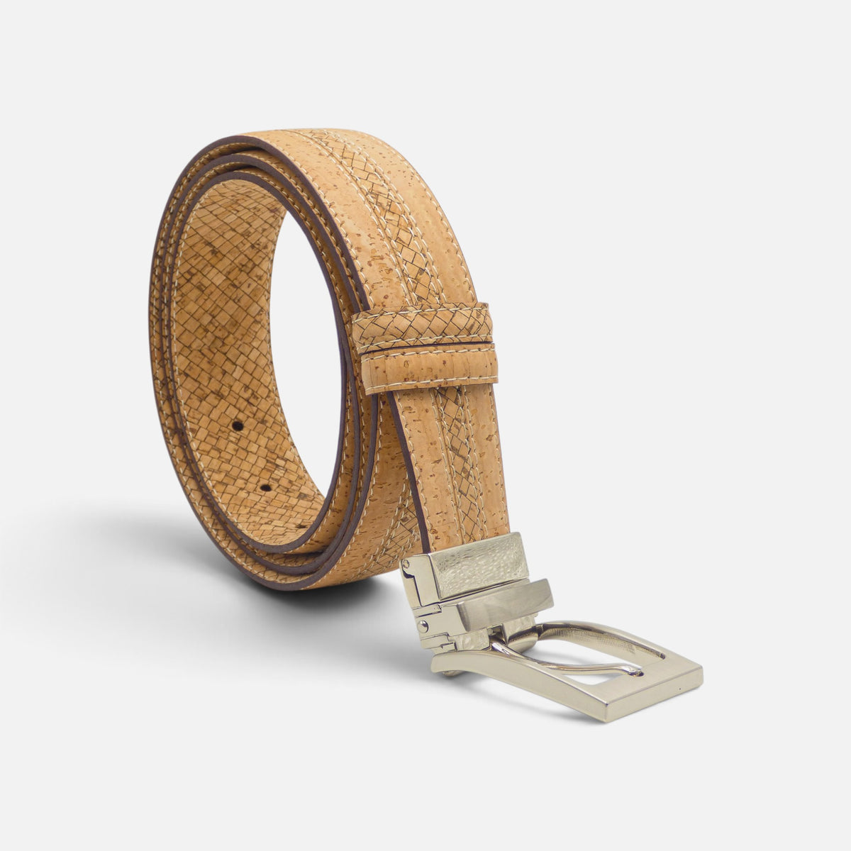 Ceinture réversible en liège Texas, grain tressé et liseré naturel au bord