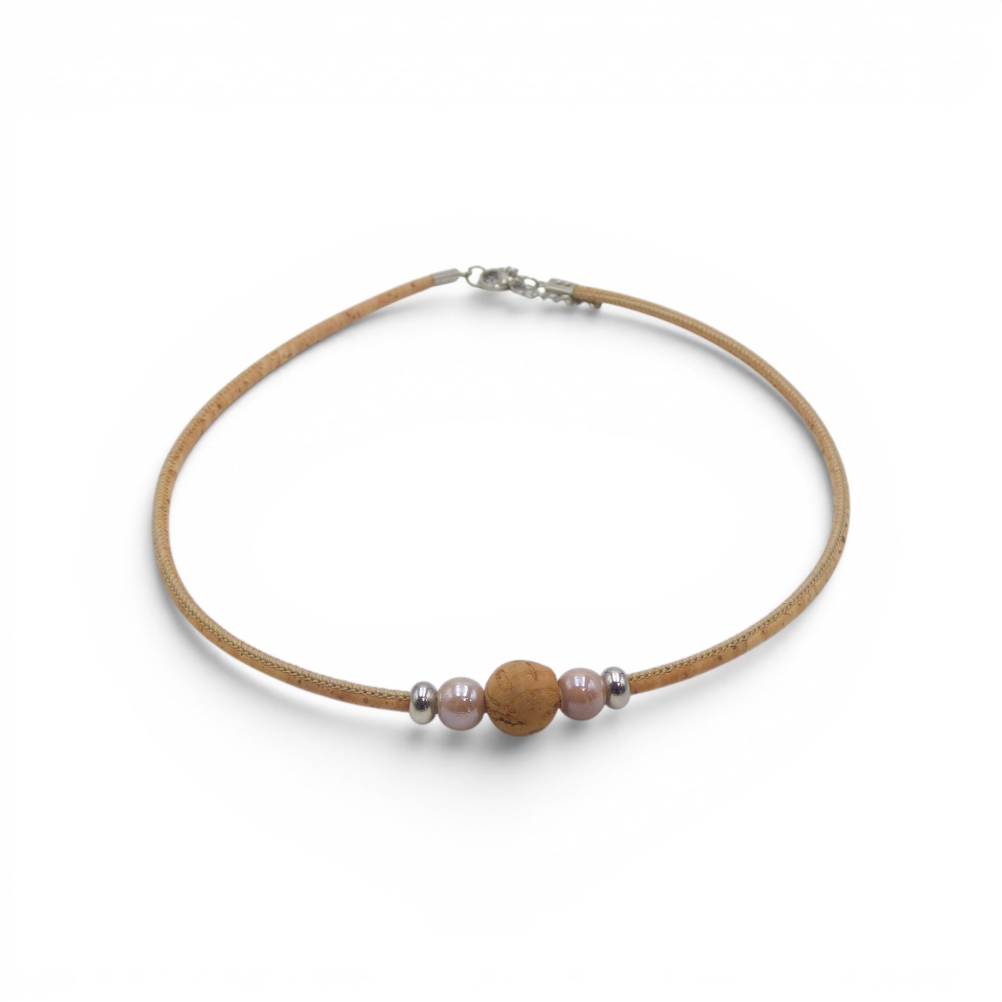 Collier ras-de-cou en liège naturel et perles céramique nacrées, bijou léger fait main au Portugal