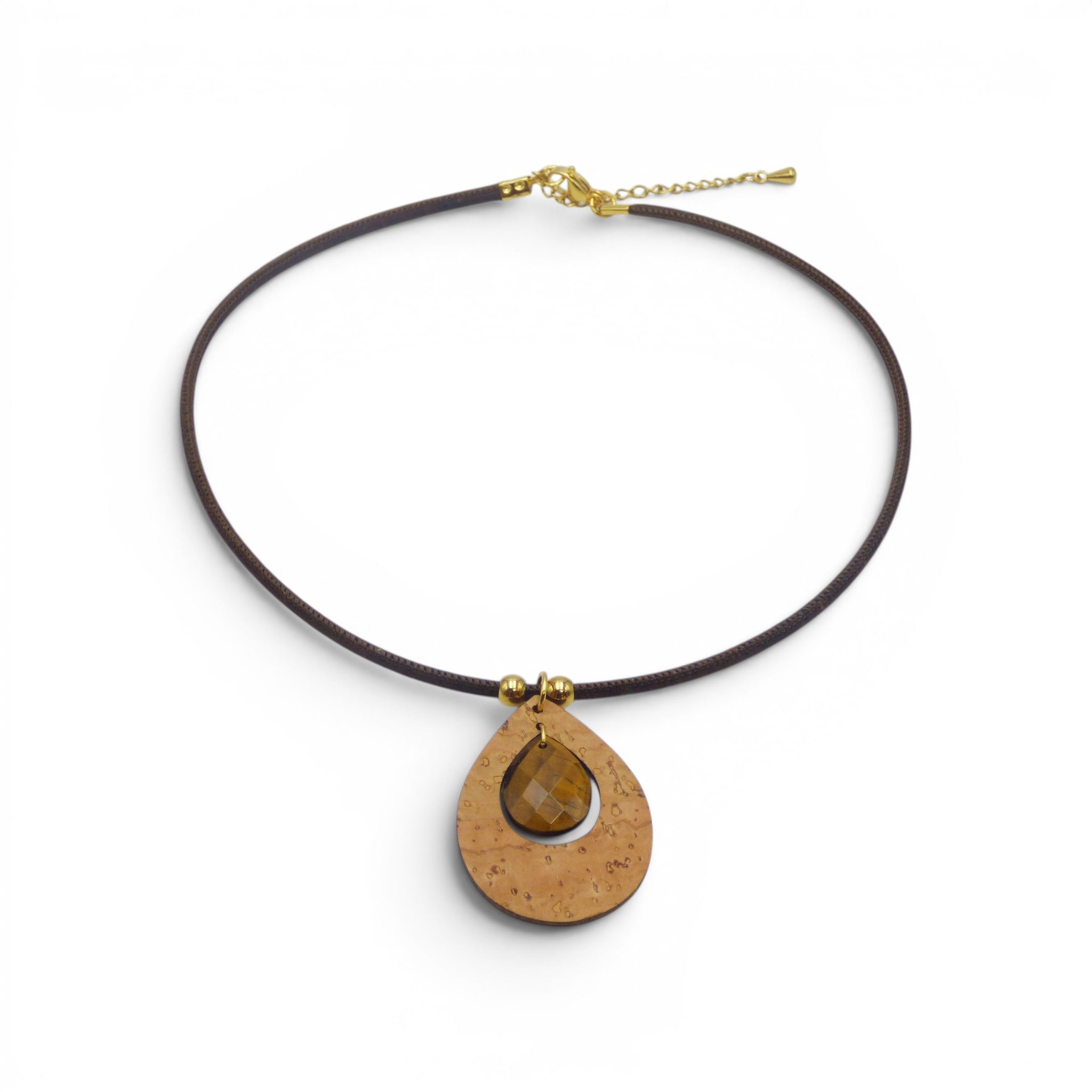 Collier raz-de-cou liège naturel et perle ambre doré, accessoire artisanal vegan