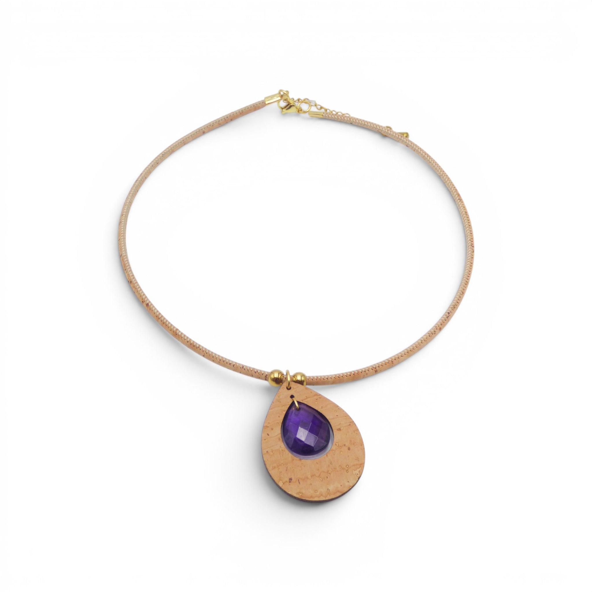 Collier raz-de-cou en liège naturel, perle violet chatoyante, porter-au-quotidien élégant