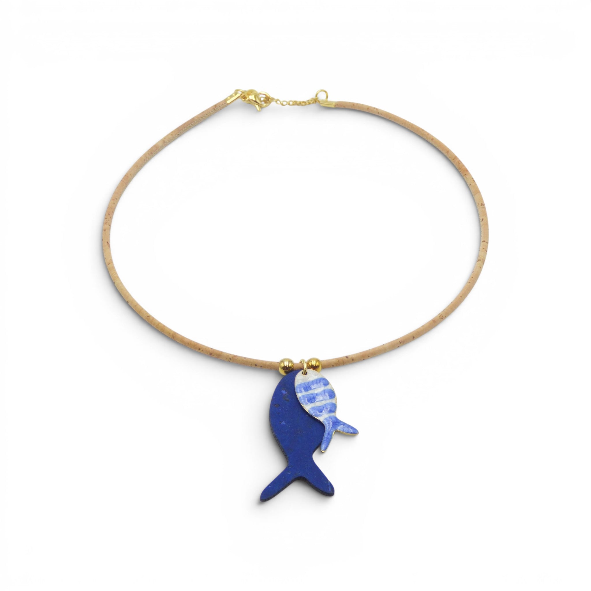Collier ras du cou poisson bleu nuit et blanc, artisanat liège Cork Colors