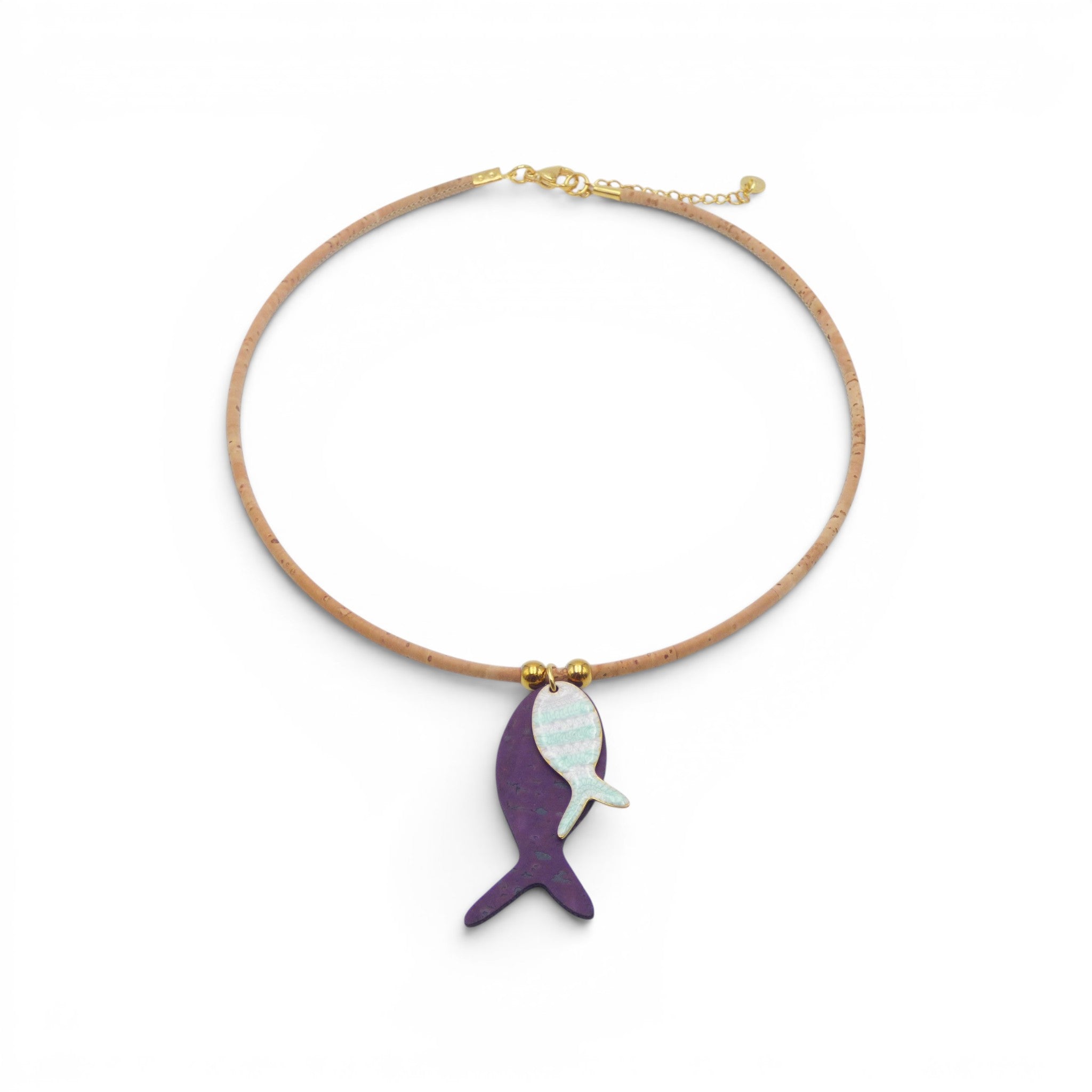 Collier poisson violet et turquoise, accessoire vegan original fait à la main Portugal