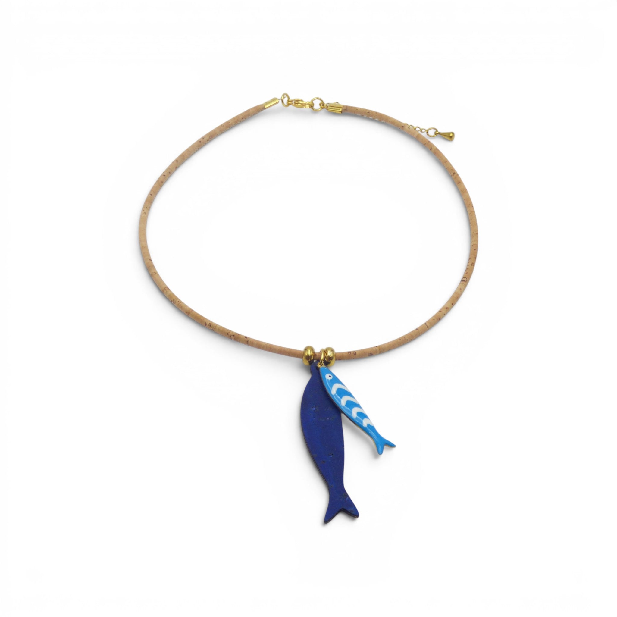 Collier raz-de-cou en liège naturel avec sardinette bleu nuit, bijou fait main Portugal